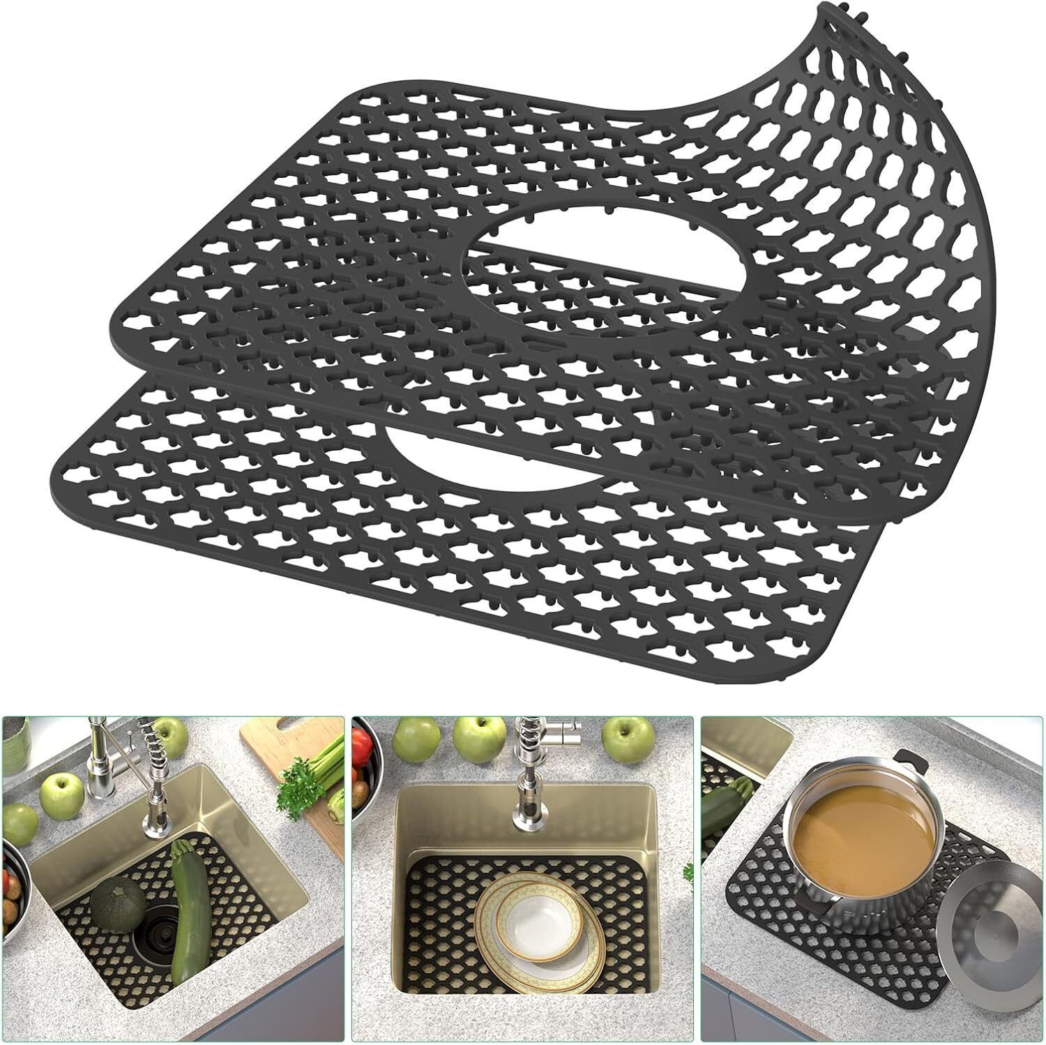 2 PACK Silicone Sink Mat Grid Kitchen Protector Folding Non-slip w/ Center Drain