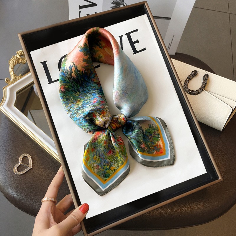 100% Mulberry Silk 27" Square Scarf Women Neckerchief Wrap Bandana Oil Painting