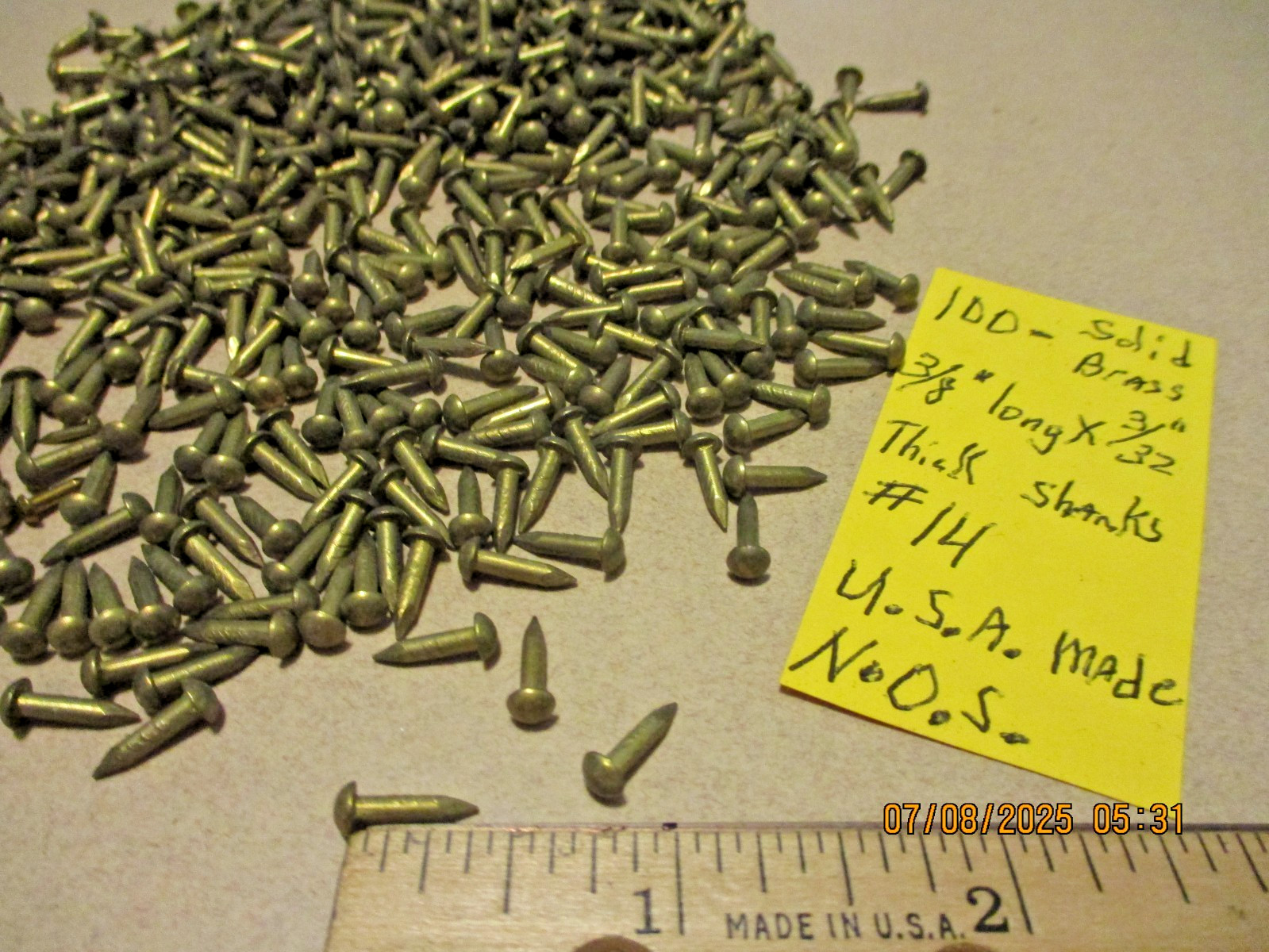 100--VINTAGE NOS, 3/8" X #14, SOLID BRASS, ROUND DOME HEAD ESCUTCHEON PINS-NAILS