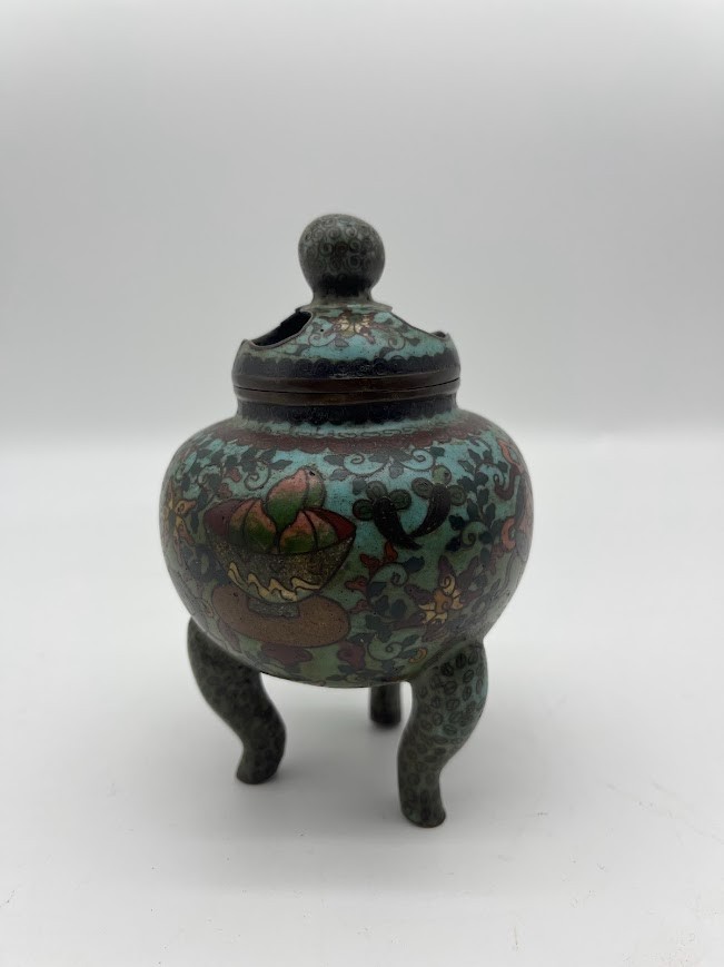Antique Chinese cloisonné three-legged incense burner
