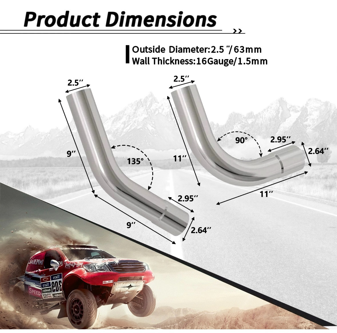 2.5" OD Stainless Mandrel Bend Exhaust Tubing Kit 16PCS T304 Steel Straight Pipe