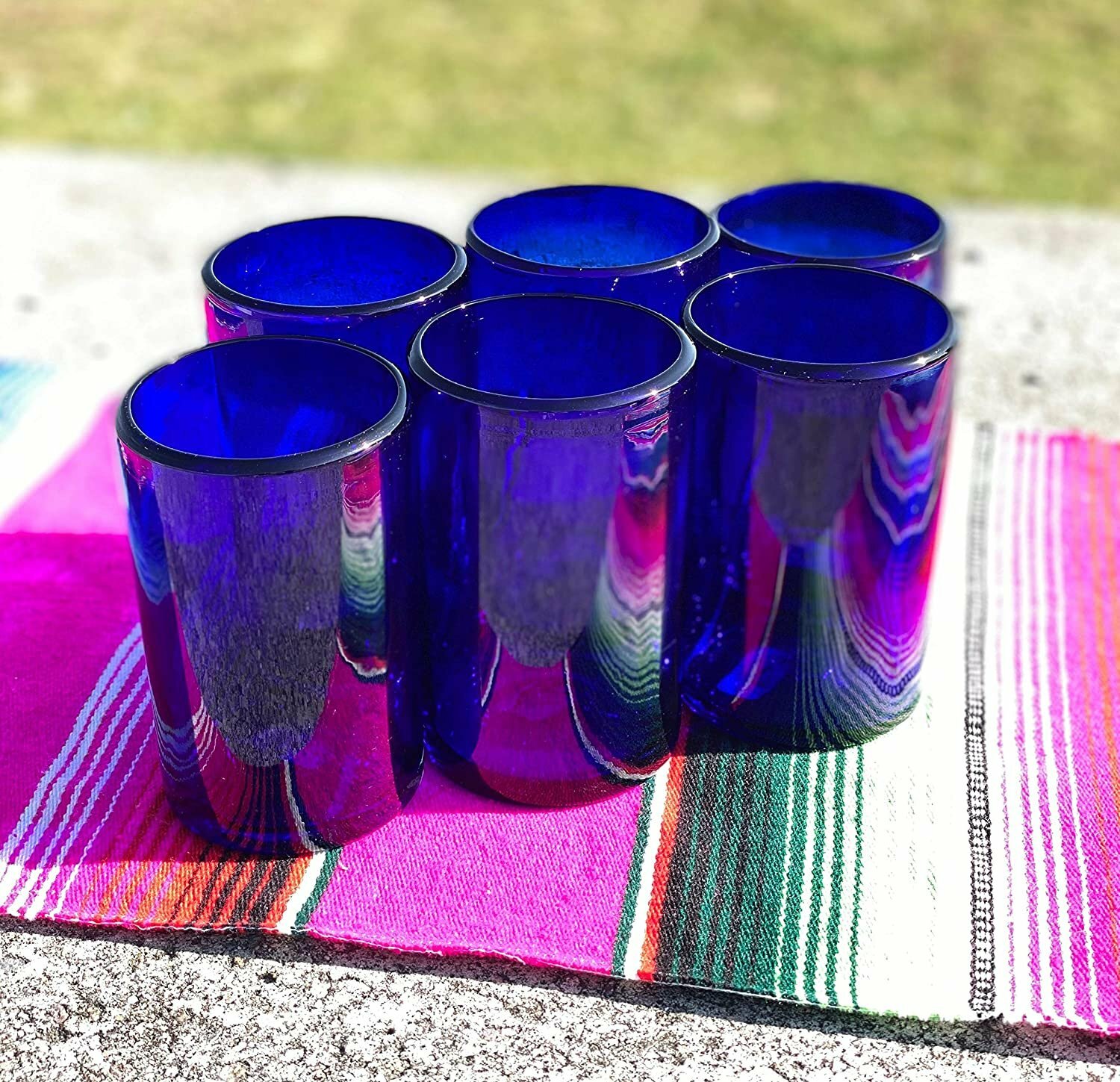 Hand Blown Mexican Drinking Glasses – Set of 6 Cobalt Water Glasses (14 oz each)
