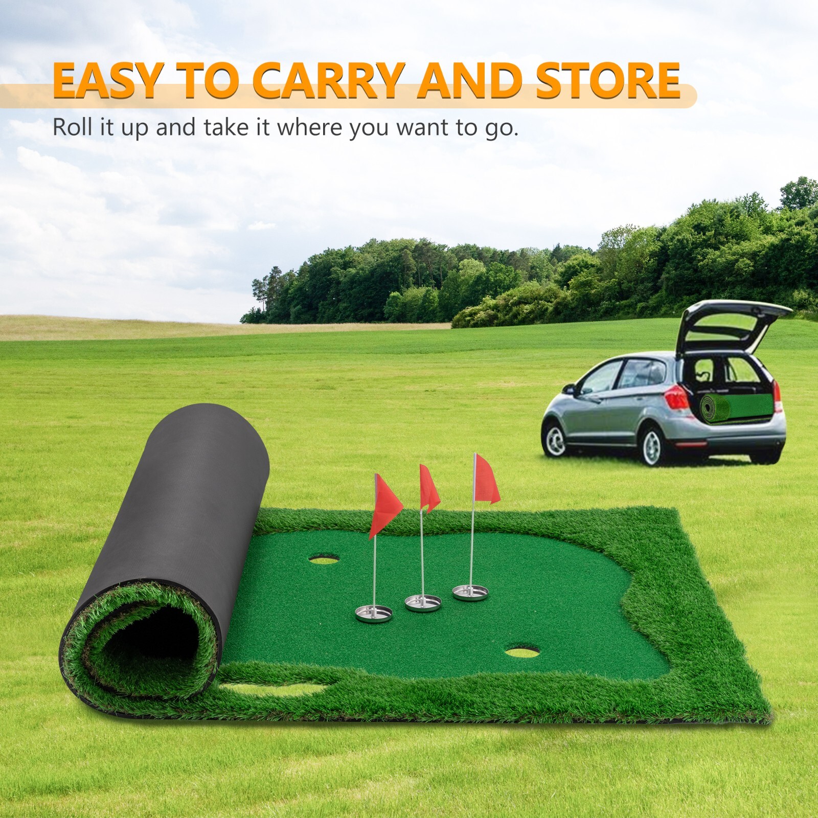 10x5ft Golf Training Mat Putting Green Turf 3 Holes 3 Flags Cups Indoor Outdoor