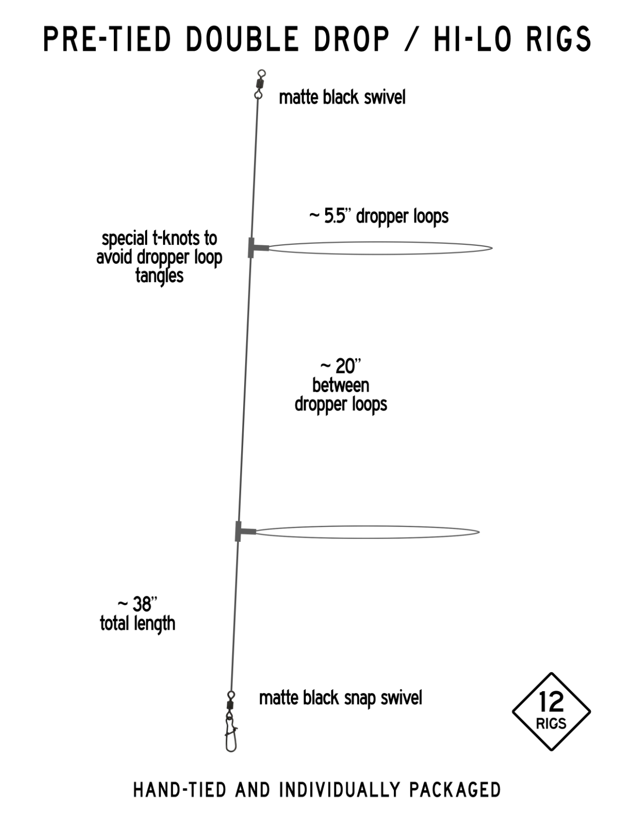 10 Pack Pre-Tied Double Drop Hi-Lo Surf Fishing Leader Rigs Hand-Tied T-Knot