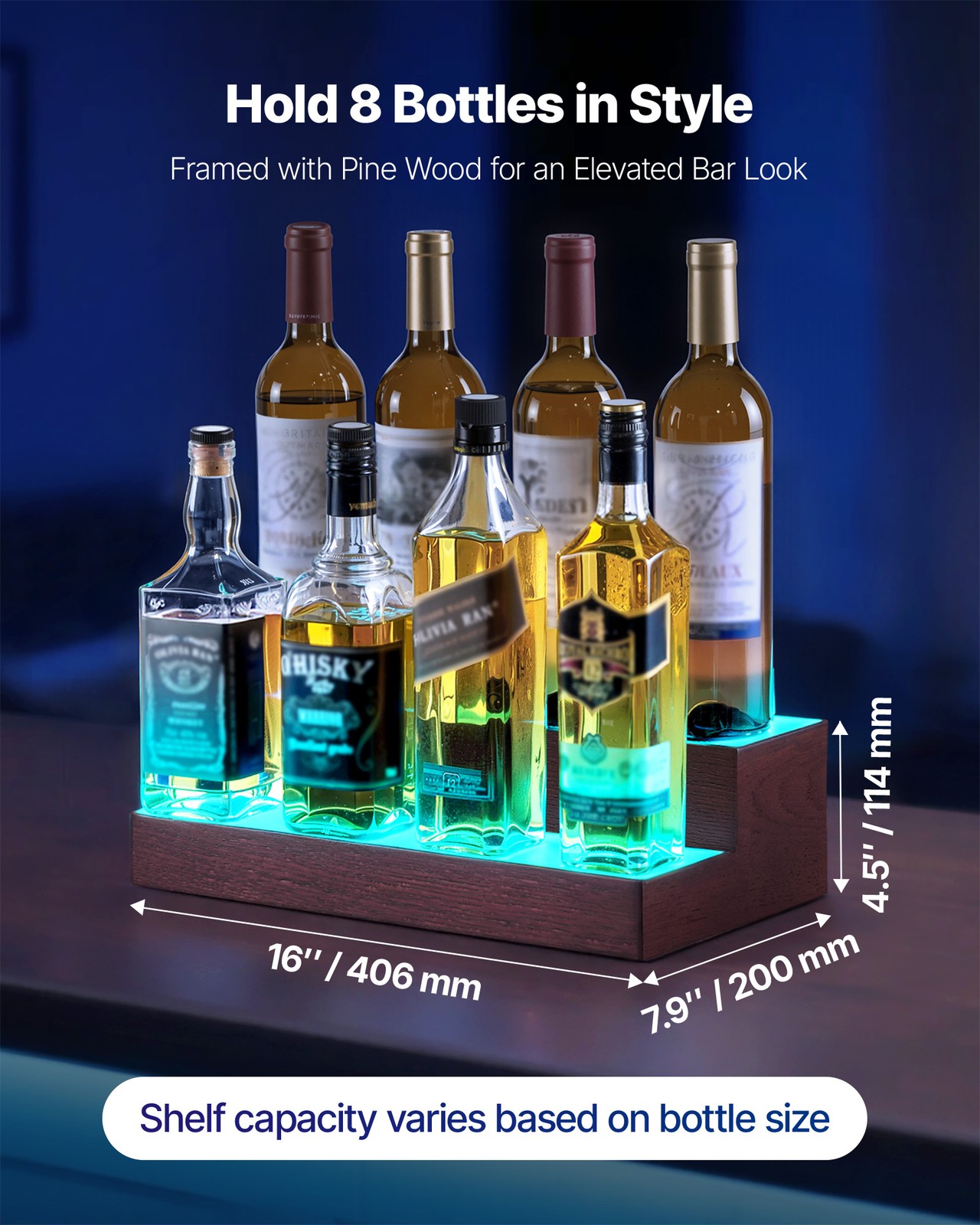 VEVOR LED Lighted Liquor Bottle Display 2-Tier 16 Inch Rack for 8 Bottles