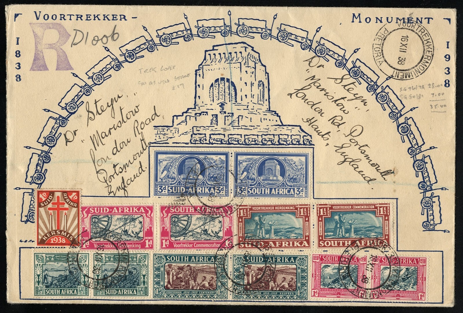 SAVOYSTAMPS - SOUTH AFRICA COVER - 1933-38 VOORTREKKER SET SG 50/53 & 76/81 VF
