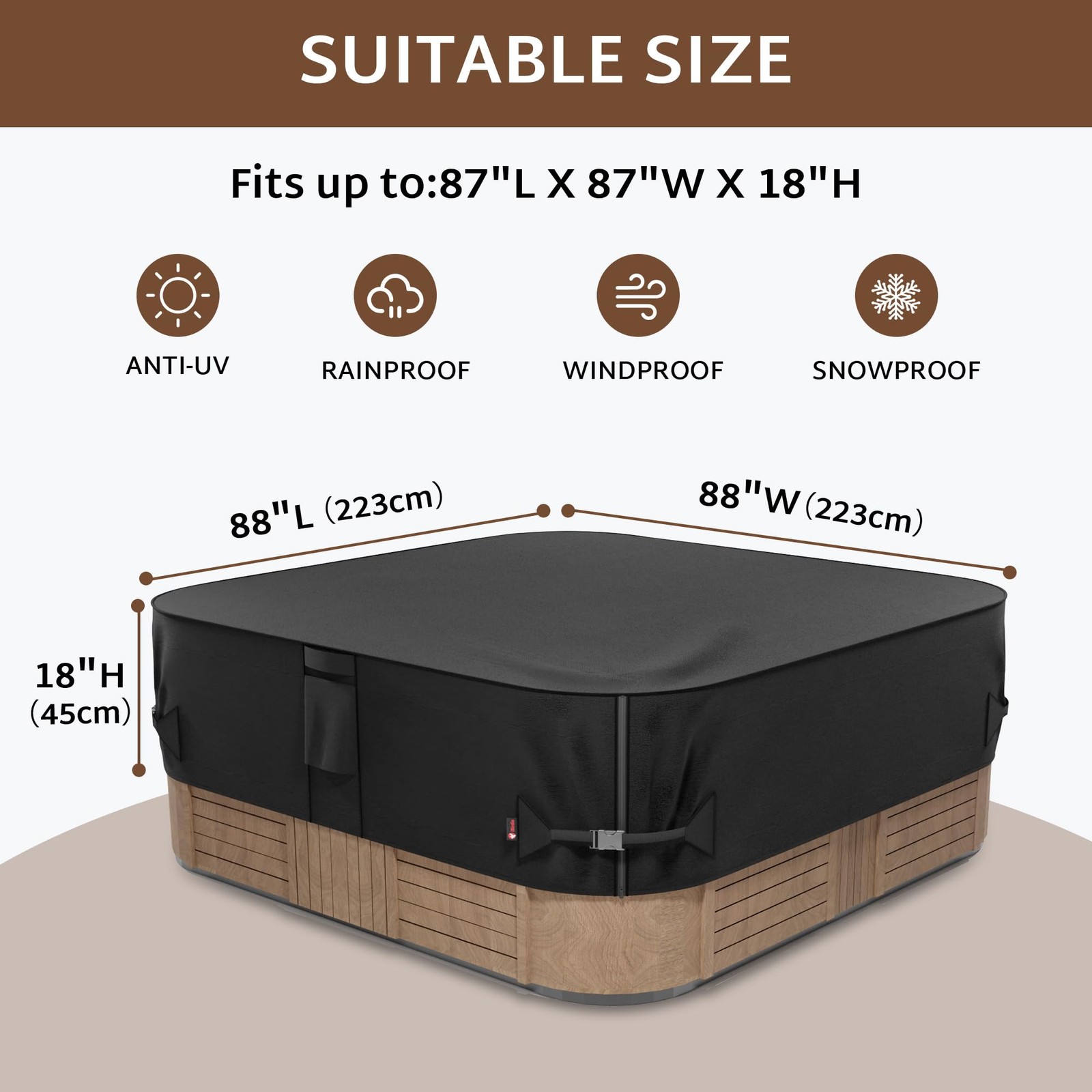 iBirdie Outdoor Waterproof Hot Tub Cover 88 x 88" x (7'4" x 7'4"), Black