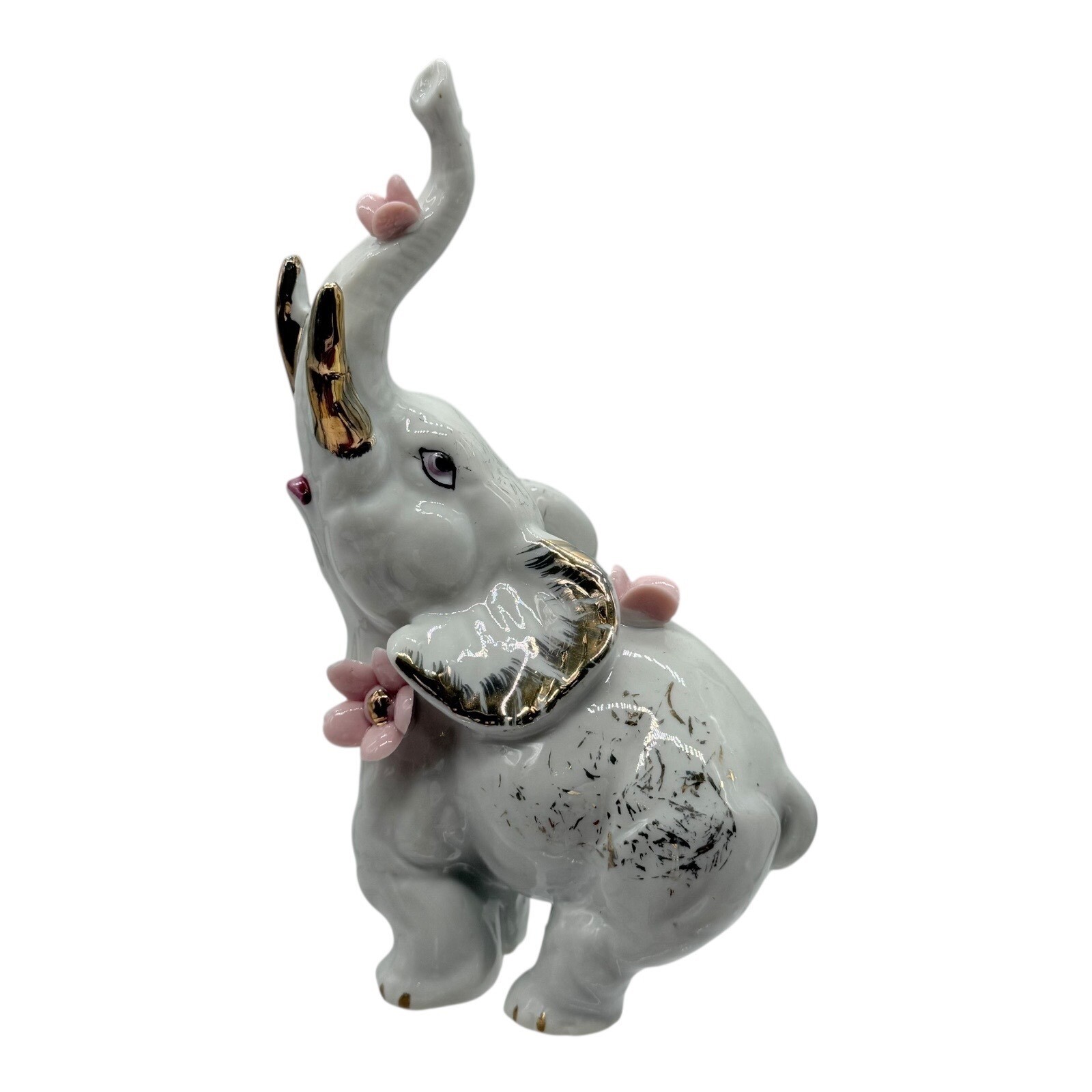 Elephant Figurine White Gold Accent Pink Flowers Trunk Up Good Luck Decor