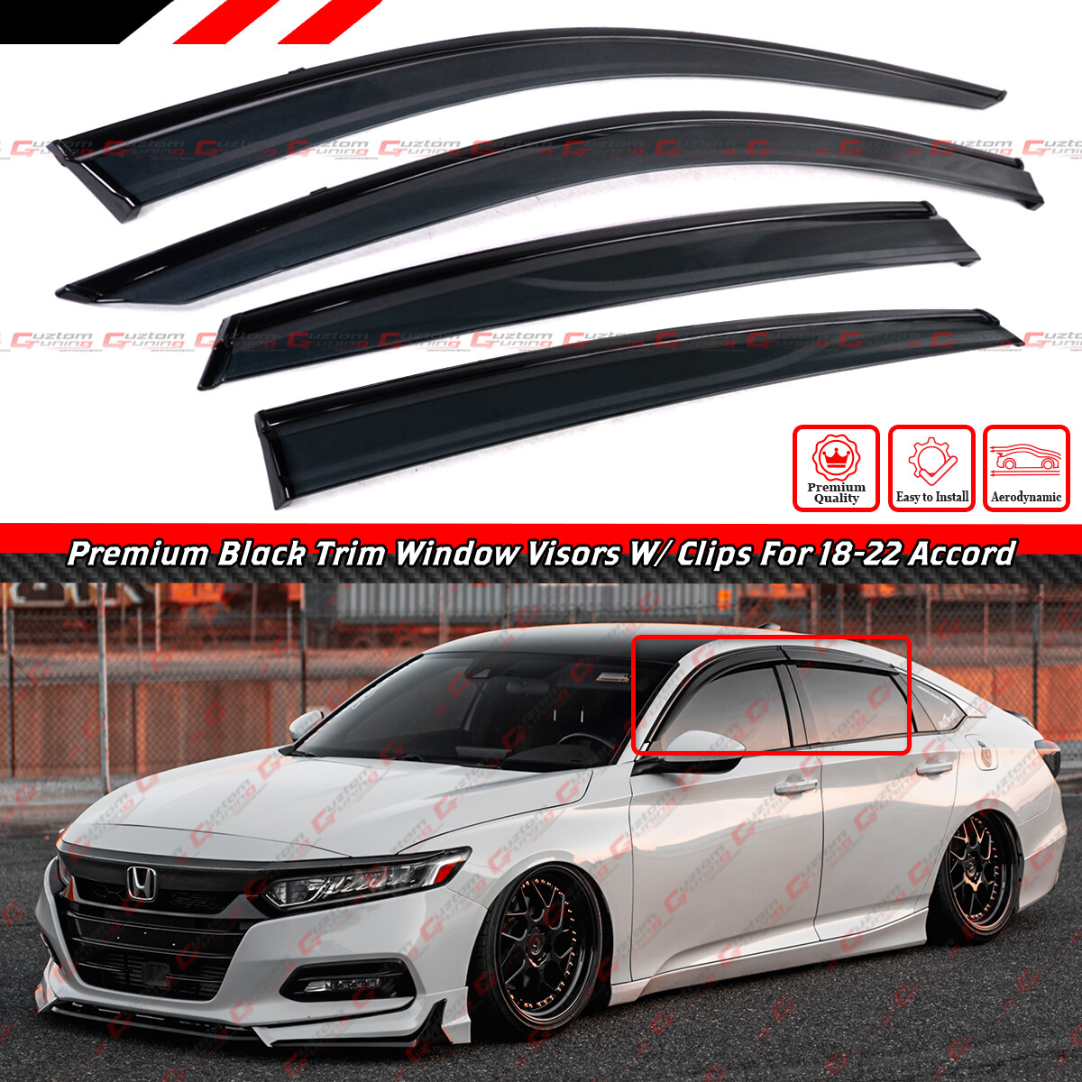 FOR 2018-2022 HONDA ACCORD CLIP-ON BLACK TRIM WINDOW VISOR RAIN GUARD DEFLECTOR