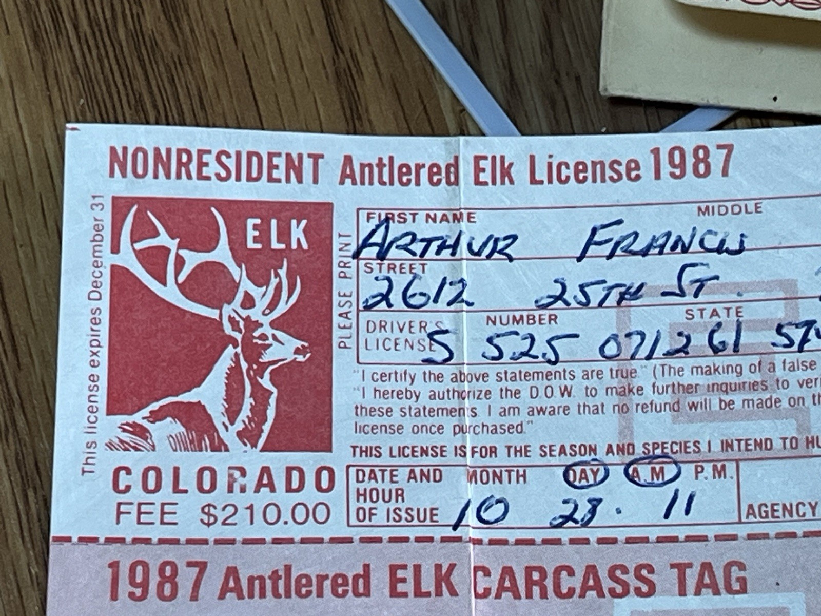 1987 COLORADO NON-RESIDENT ANTLERED ELK LICENSE Original Fee $210.00
