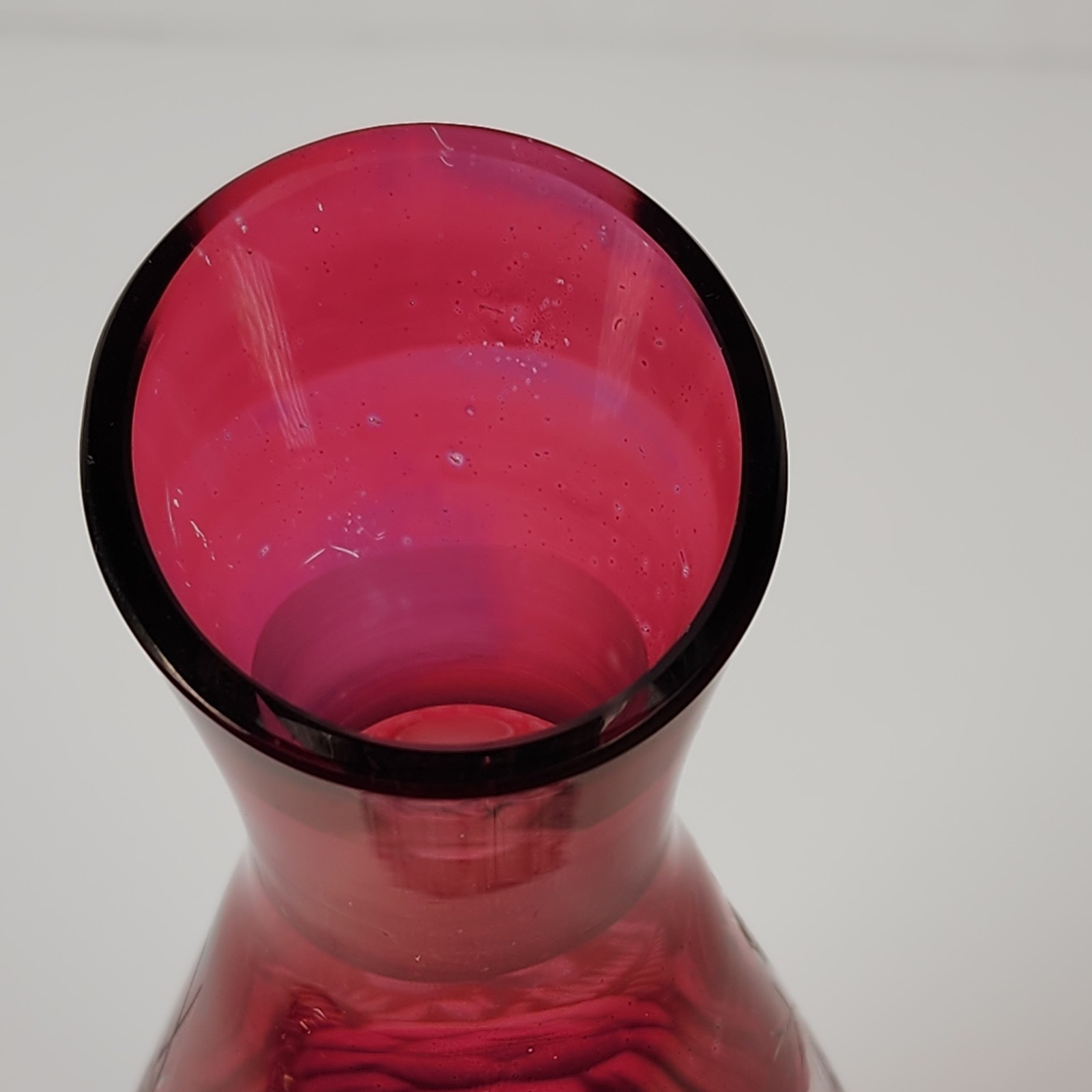 Bohemian Art Glass Ruby Red Liquor Decanter Etched Floral Design Vintage