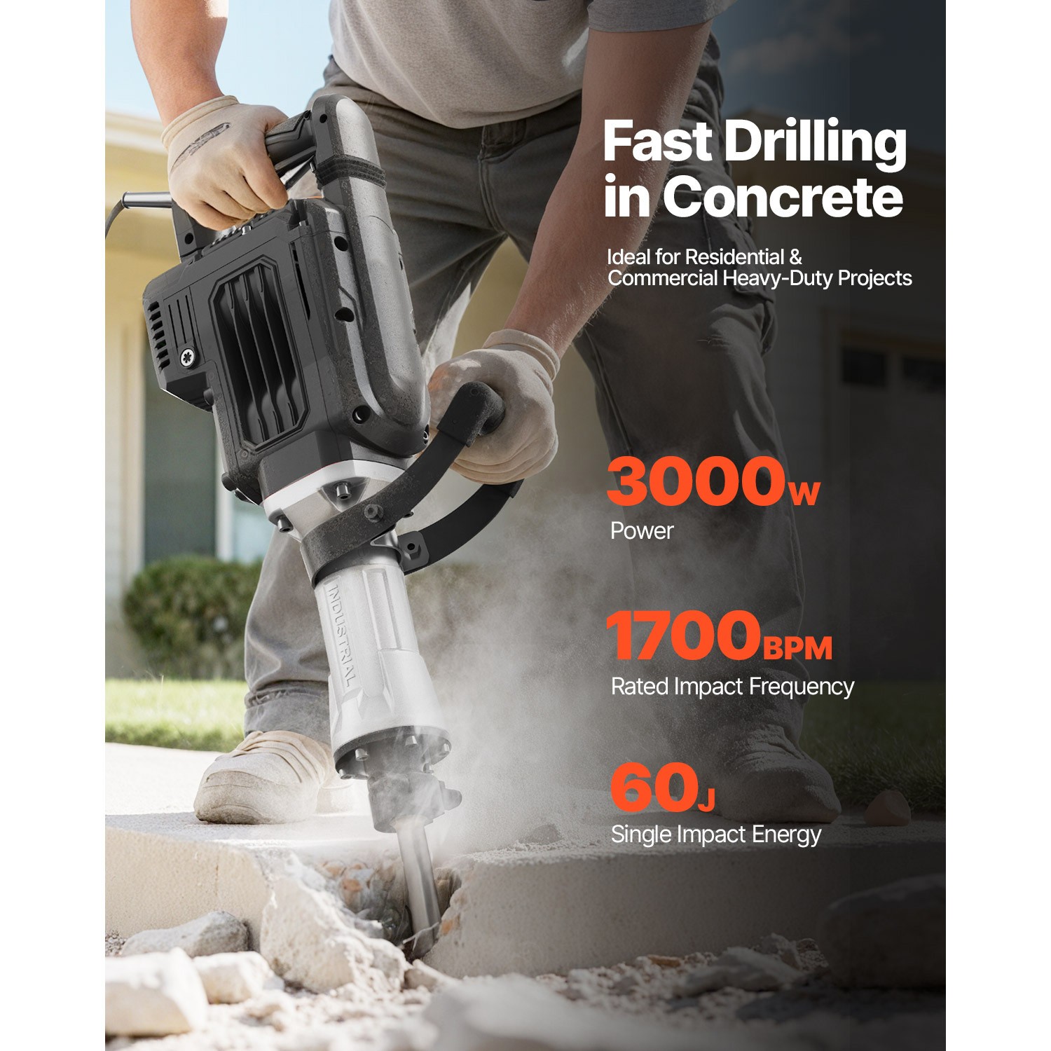 Uimoso Electric Demolition Jack Hammer Concrete Breaker 3000W 1700 BPM Chisel