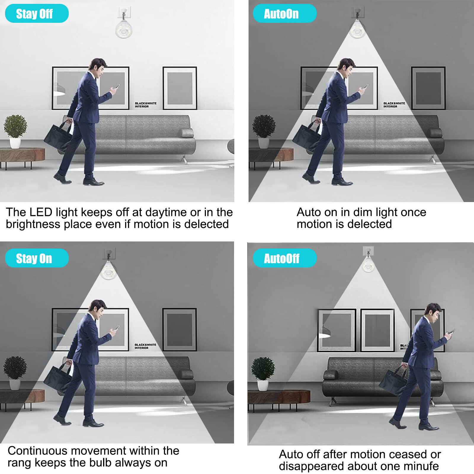 LED Motion-Activated Sensor Night Light AC Outlet Plug-In Indoor Wall Stair Lamp