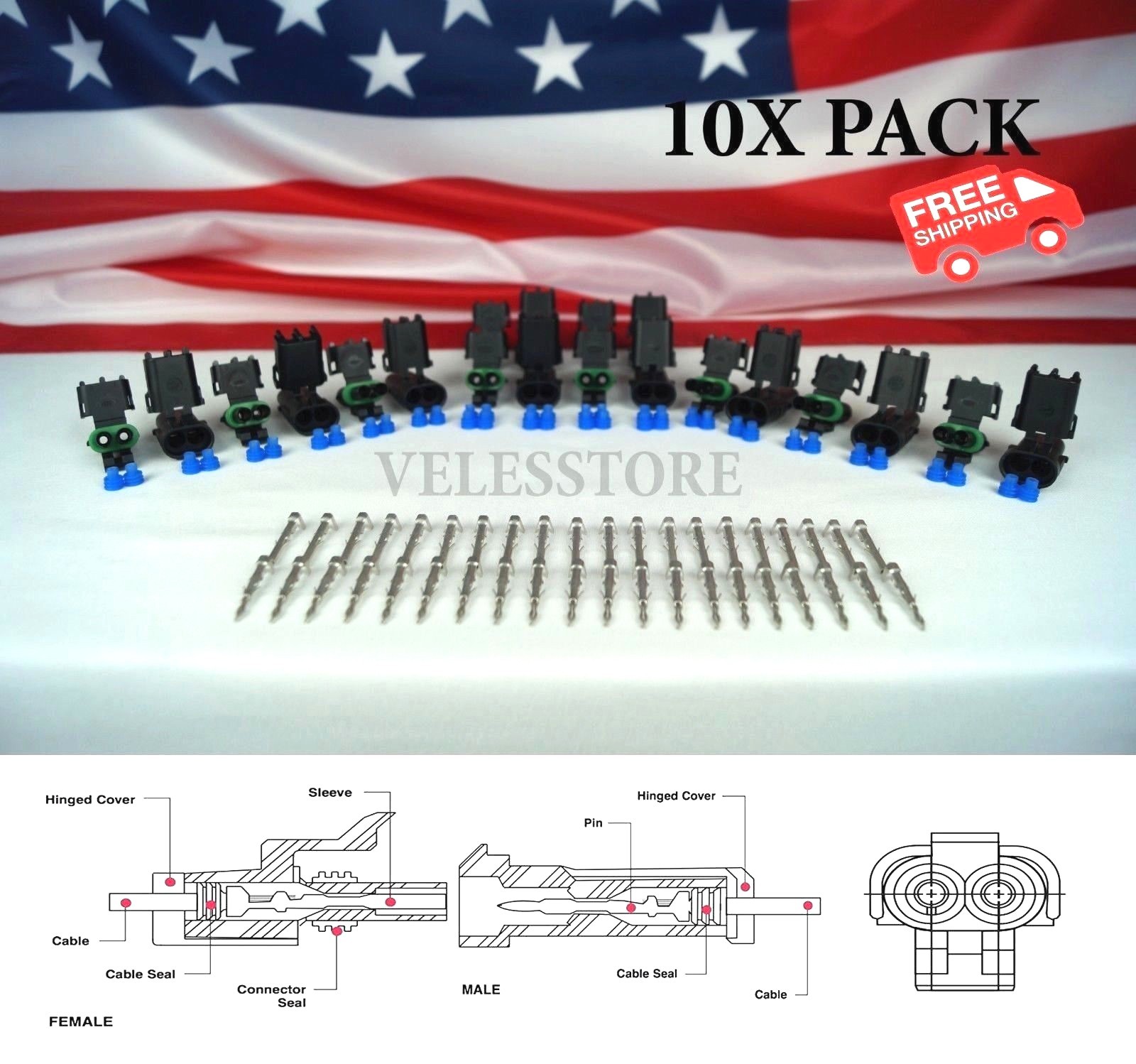 Delphi Weather Pack 2 Pin Sealed Connector Kit 16-14 GA !!!10 COMPLETE KITS!!