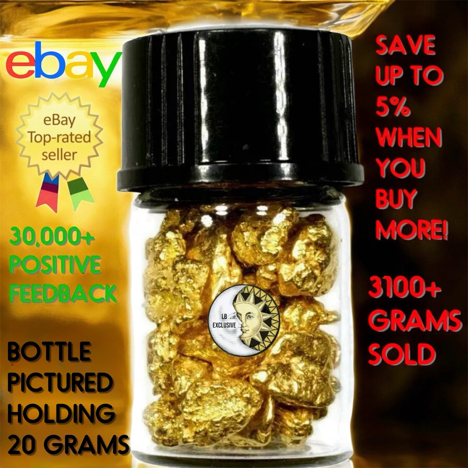 1.000+ GRAMS ALASKAN YUKON BC NATURAL PURE GOLD NUGGETS #6 MESH W BOTTLE (#B600)