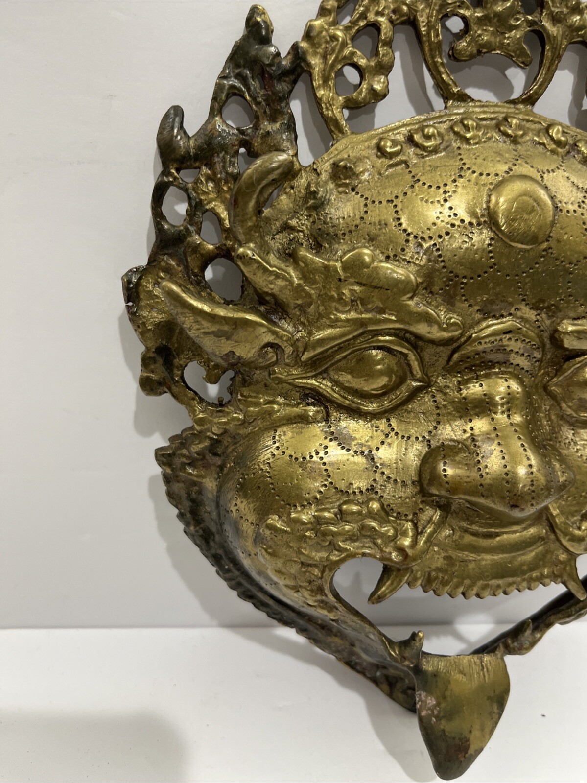 Antique or Vintage Gilt Bronze Tibetan Buddha Mahakala Mask Wall Hanging 9” T