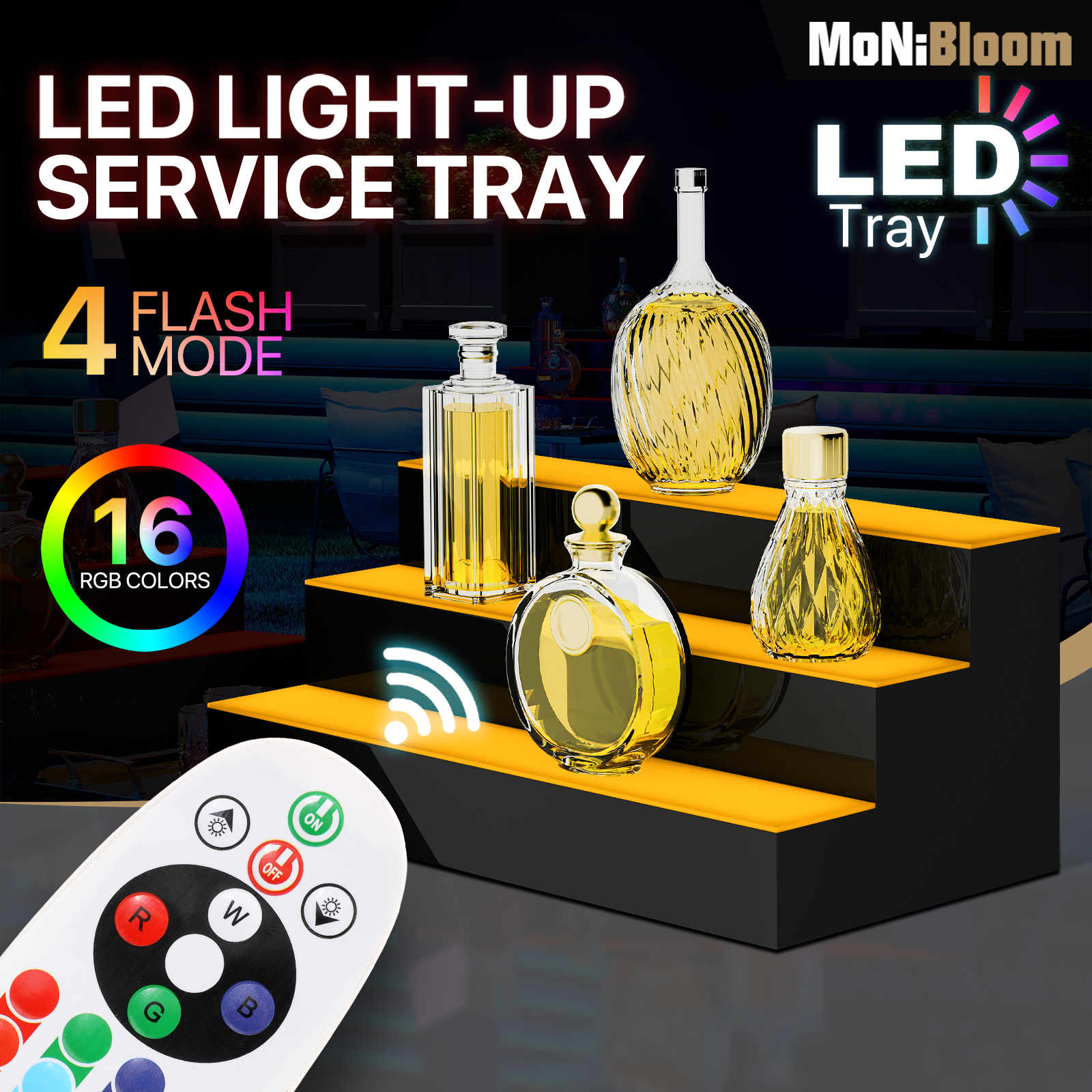 3 Step[REMOTE CONTROL+20 COLORS]LED Lighted 24" Bar Liquor Bottle Display Shelf