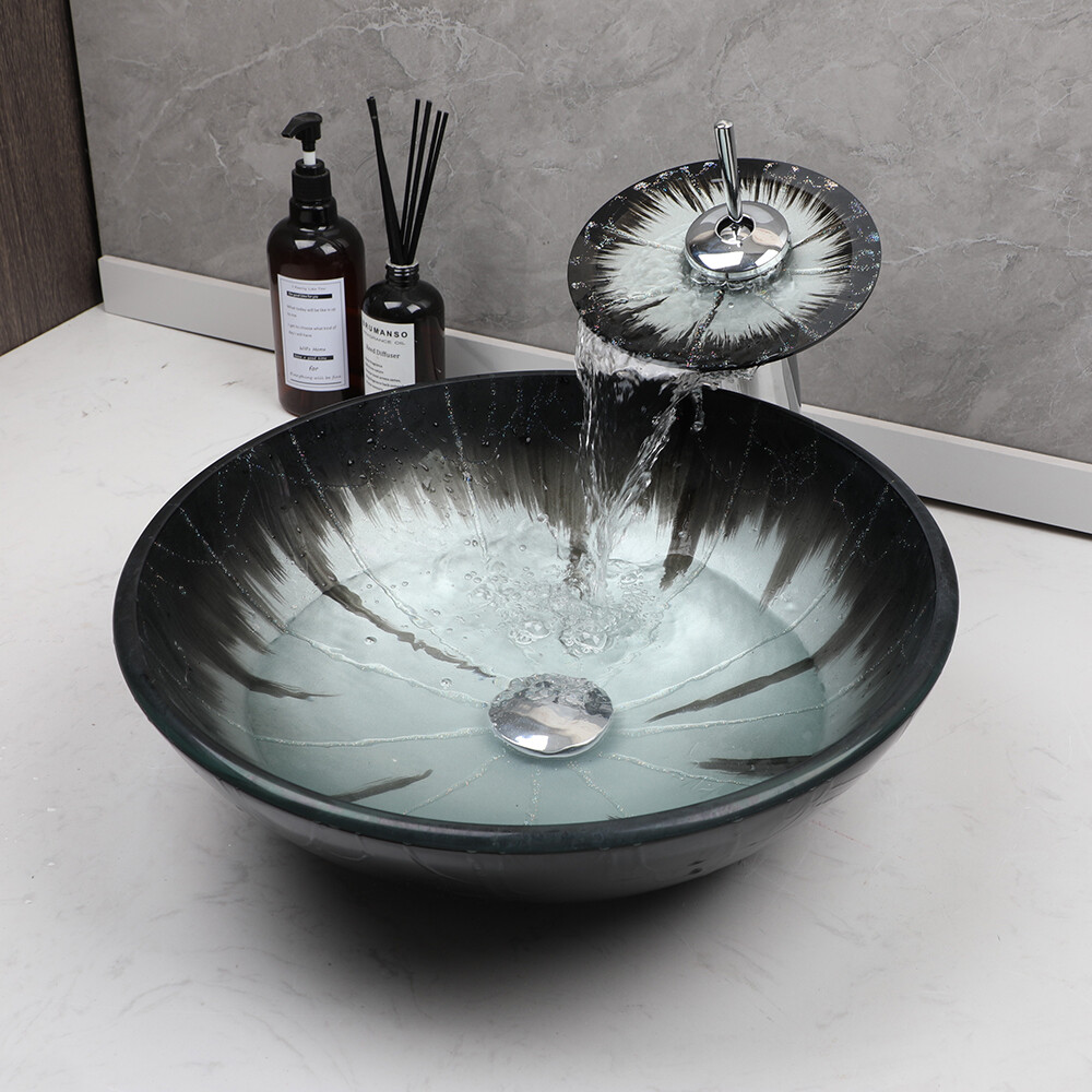 US Bathroom Vessel Sink Washing Round Tempered Glass Bowl Faucet Mixer Tap Combo