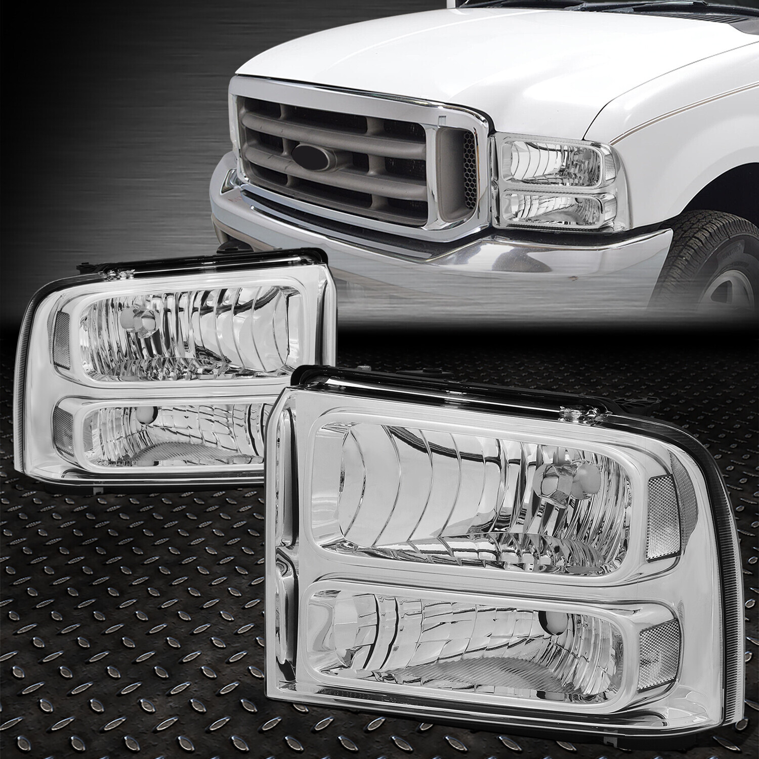 FOR 05-07 FORD F250 F350 SUPER DUTY CHROME HOUSING CLEAR CORNER HEADLIGHT LAMPS