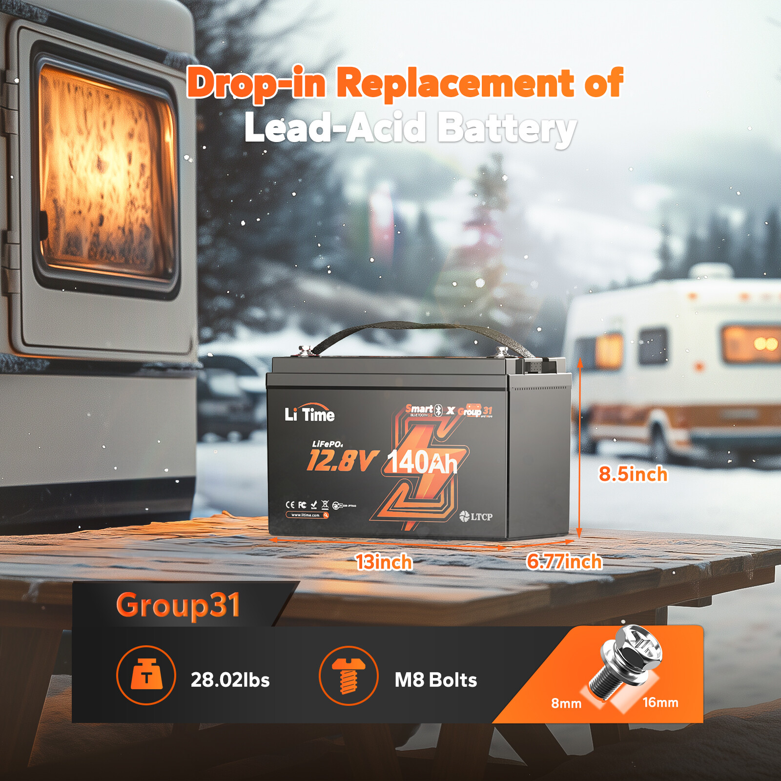 LiTime 12V 140Ah Bluetooth Group31 LiFePO4 Lithium Battery 1920W For RV Marine