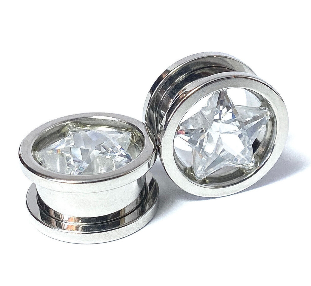 PAIR Star CZ Gem Screw Fit Tunnels Plugs Gauges Earlets Body Jewelry Piercing