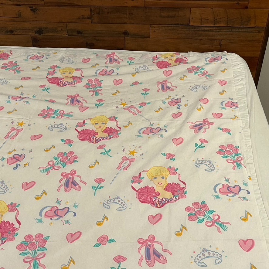 Barbie Flat Bed Sheet VTG 1995 Dan River Pink White Ballerina Twin Size 90x66"