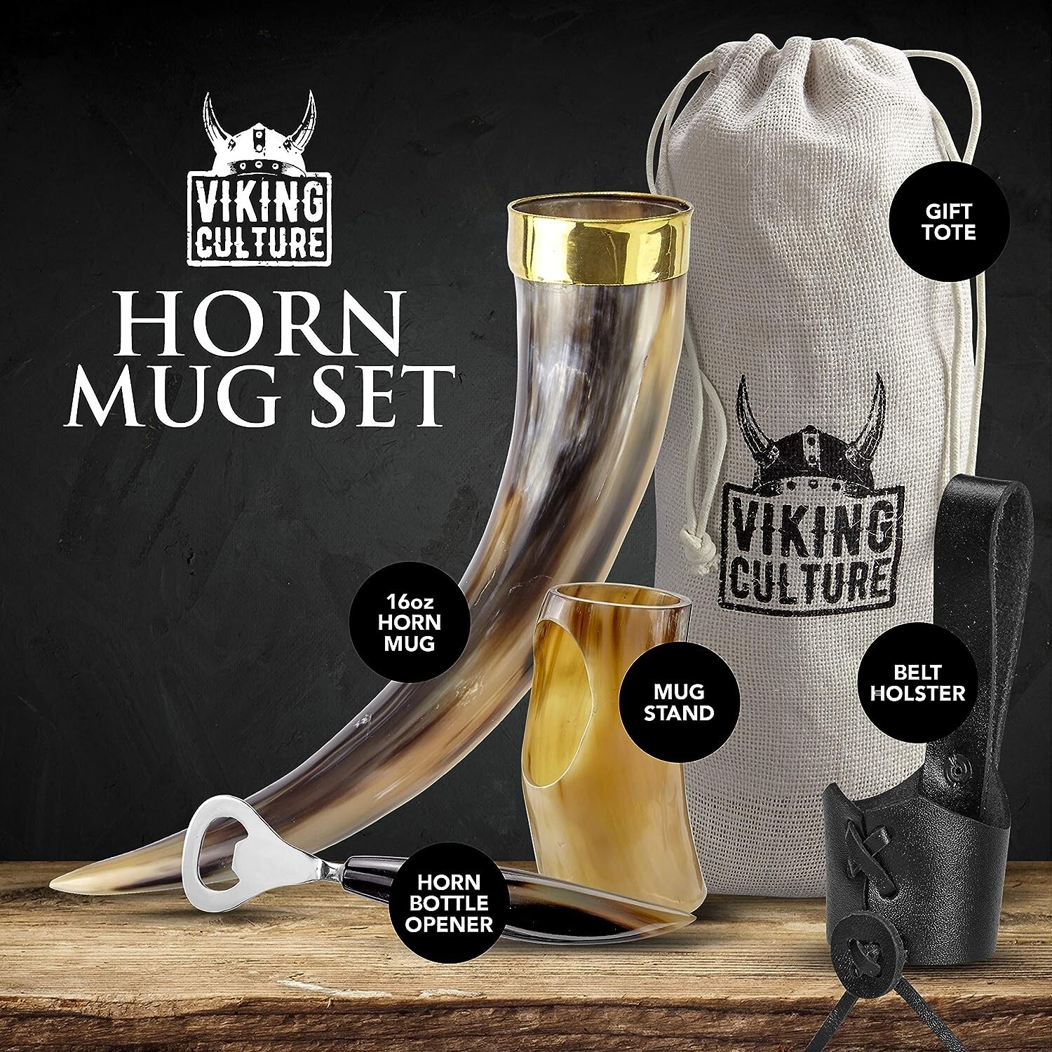 Viking Culture 16 Oz. Viking Drinking Horn W/ Beer Opener Stand Genuine Leather