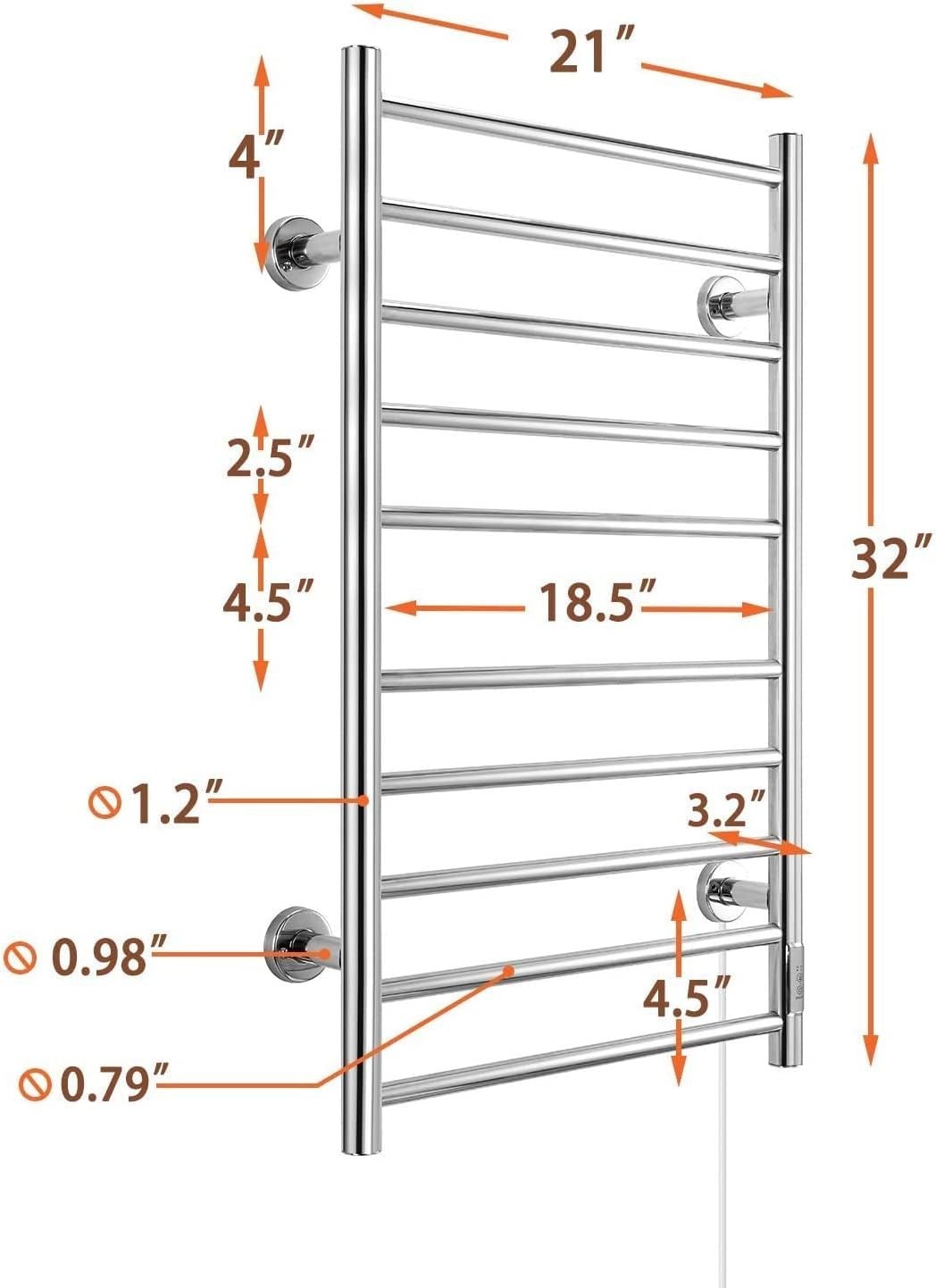 Electric Heated rack towel Warmer 10 Stainless Steel Bars Drying Bathroom silver