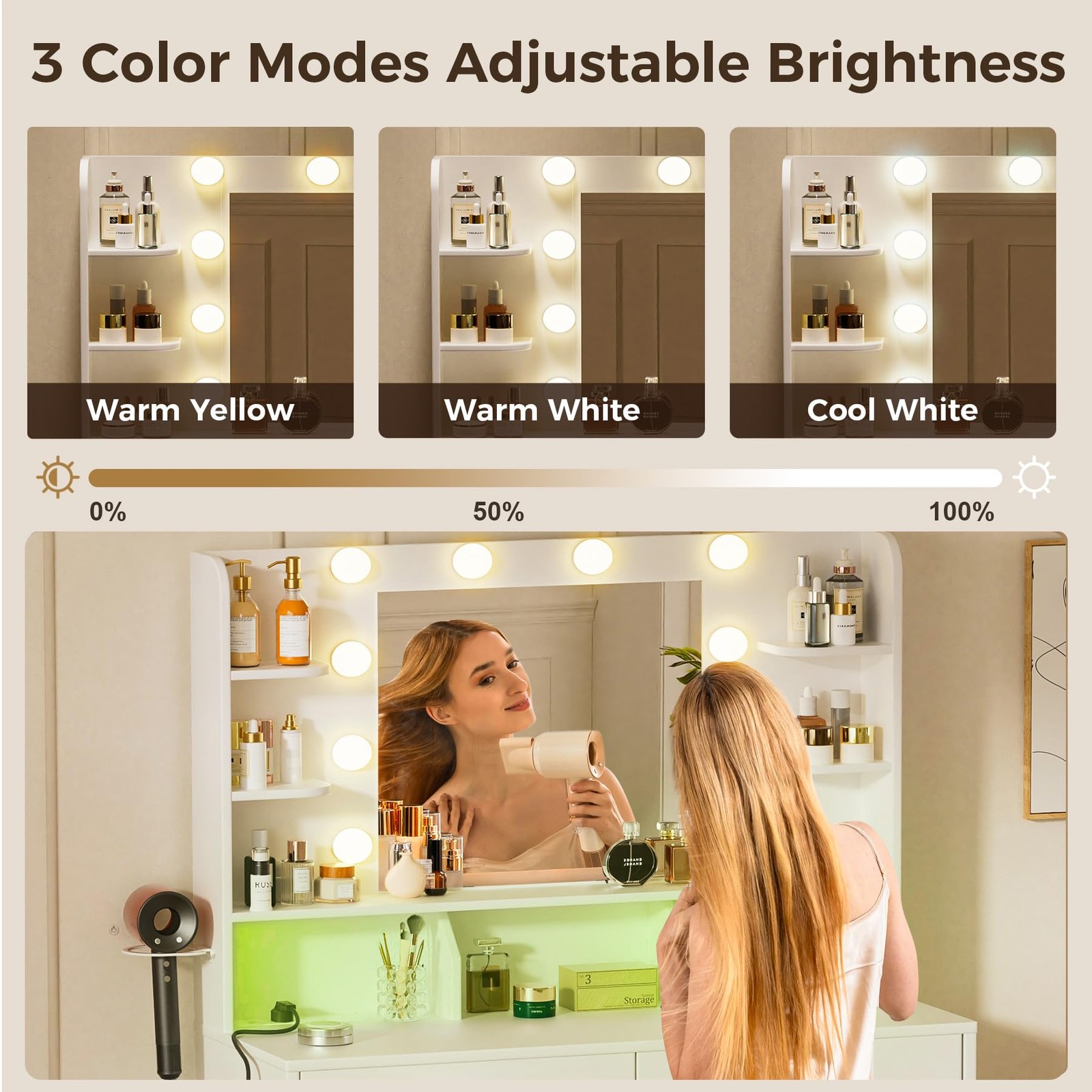 Vanity Desk with Lighted Mirror and Power Outlet, RGB LED Lights Makeup Vanit...