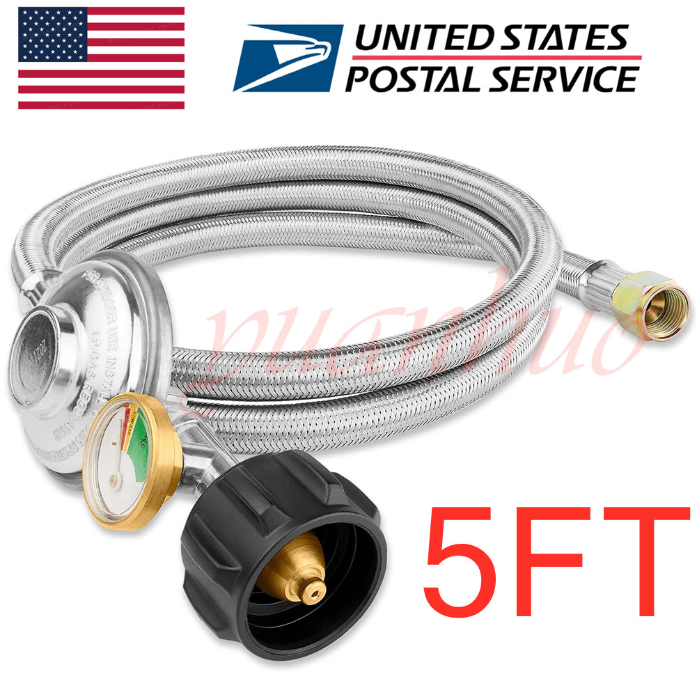 5FT BBQ Grill Low Pressure Propane Regulator Hose w/Gauge for Gas Pit, Stove