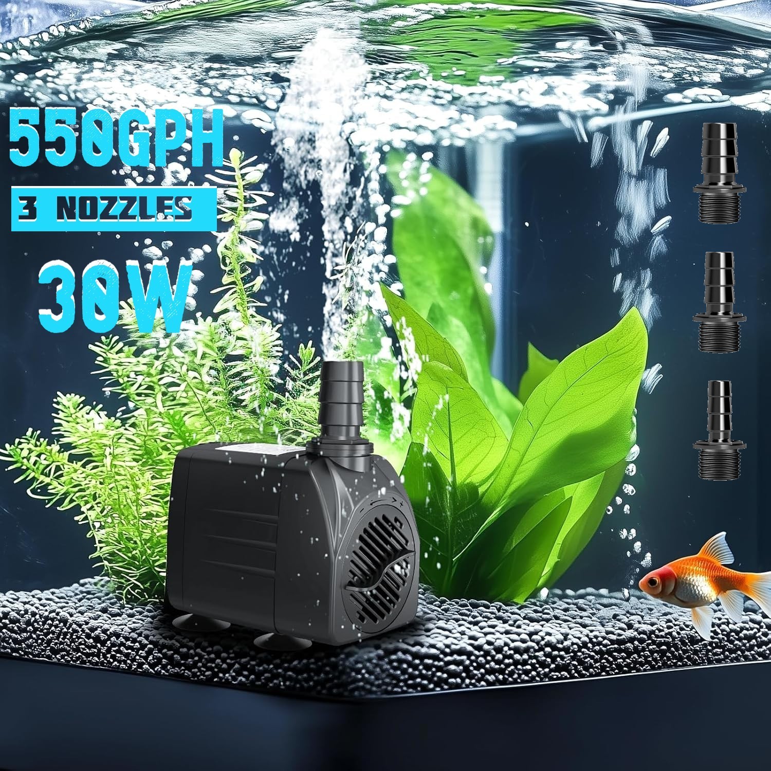 550 GPH Submersible Water Pump, 30W Ultra Quiet with 3 Nozzles for Aquatic Use