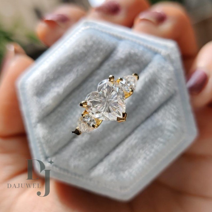 Moissanite Three Stone Engagement Ring Solid 14K Yellow Gold Heart Cut 2.70 CT