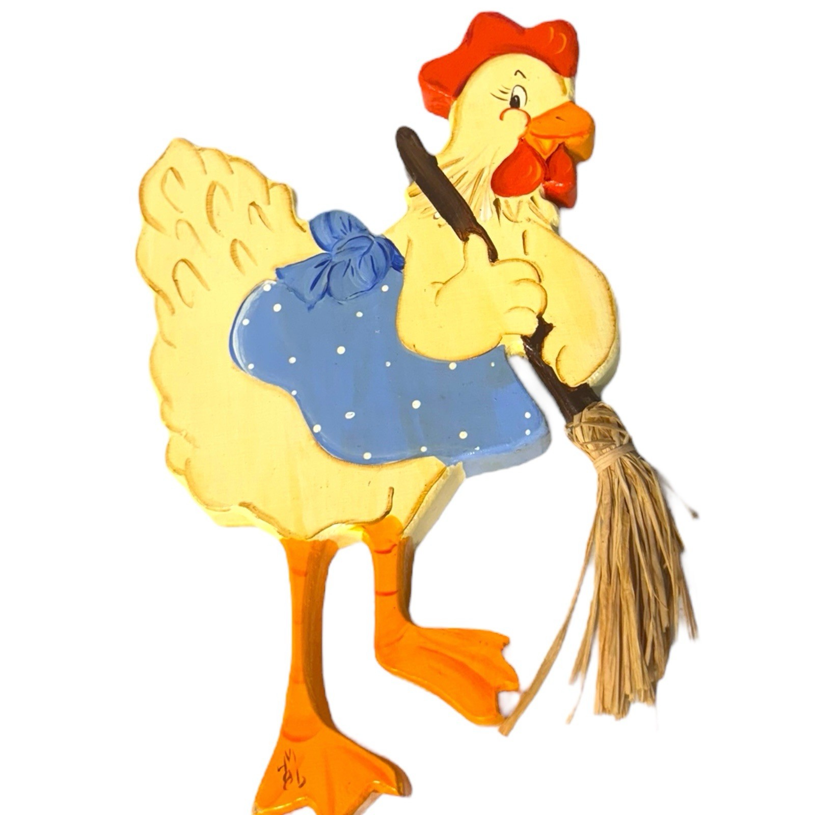 Vintage 80s Wooden Hen Wall Art Anamorphic Animals Pair Glazed Hand Painted