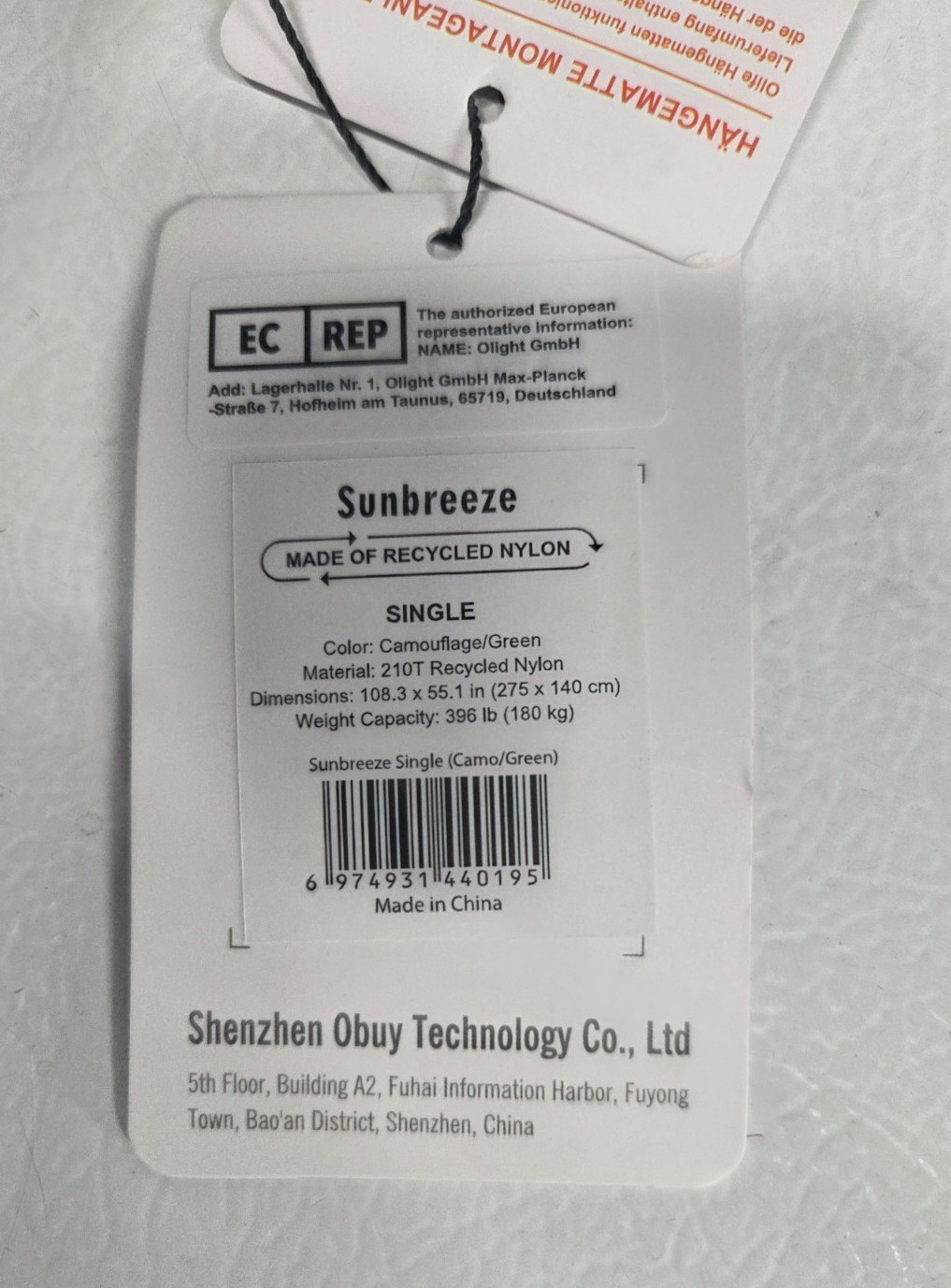 Olife Sunbreeze Single Hammock Camouflage Green 275 x 140 cm 396 lbs.