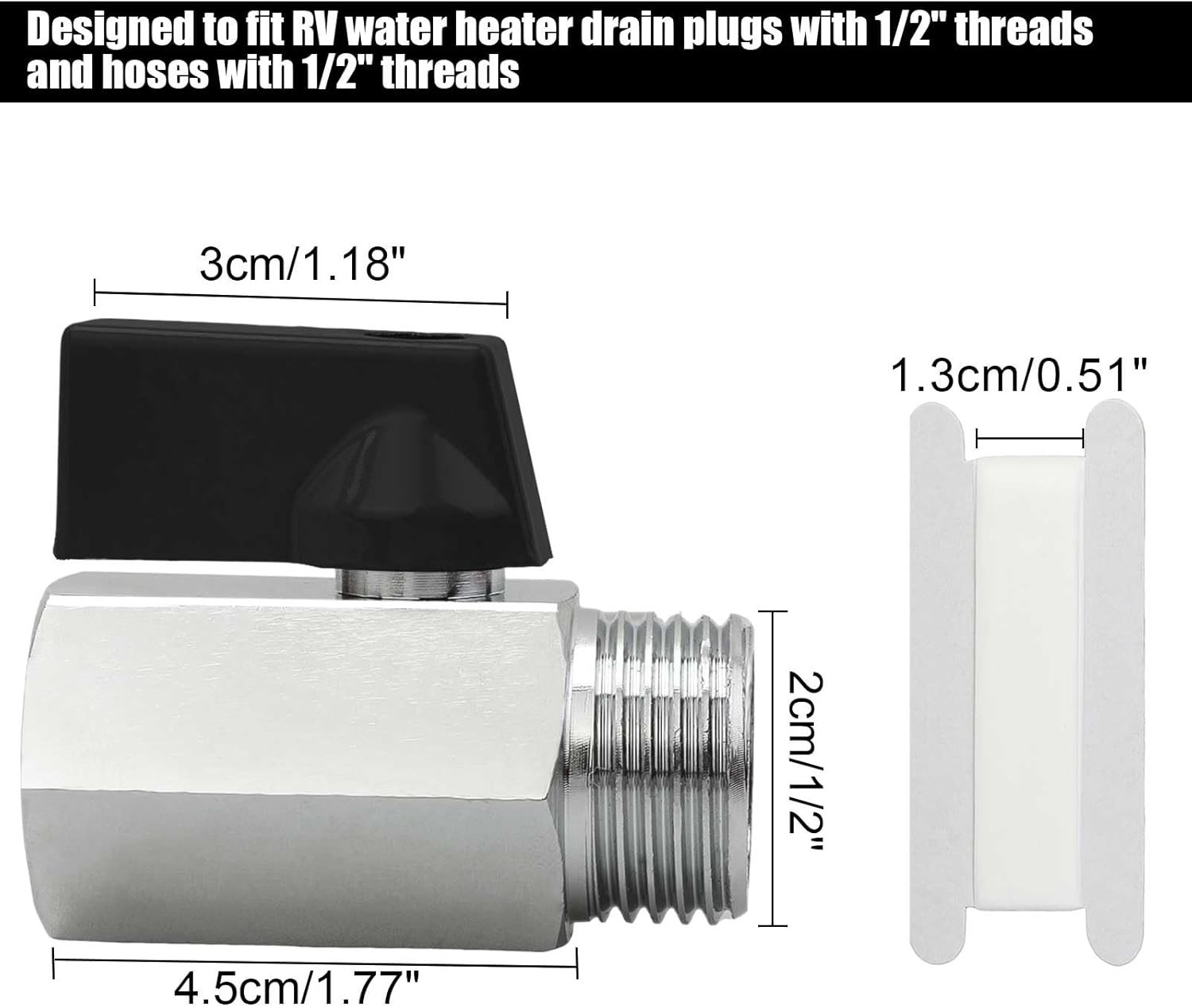 1/2" RV Hot Water Drain Valve - Water Heaters Mini Drain Plug with Tape Brass Re