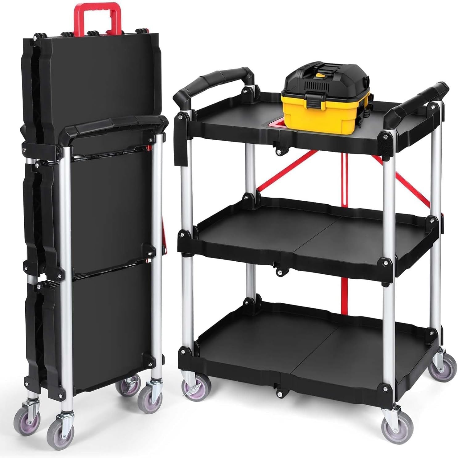 Folding Service Cart Heavy Duty Foldable Utility Cart with 360° Swivel Wheels