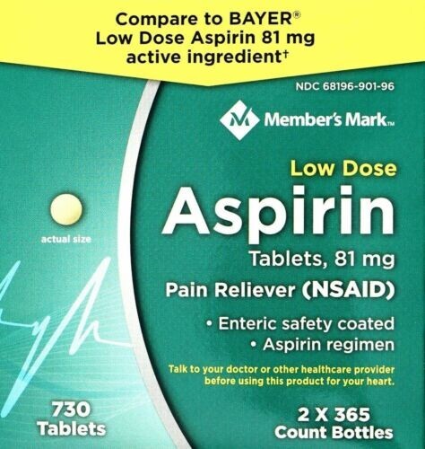 Member's Mark Low Dose Aspirin 81mg (2 - Pack) 365 Ct BOTTLES 730 Tablets -NSAID
