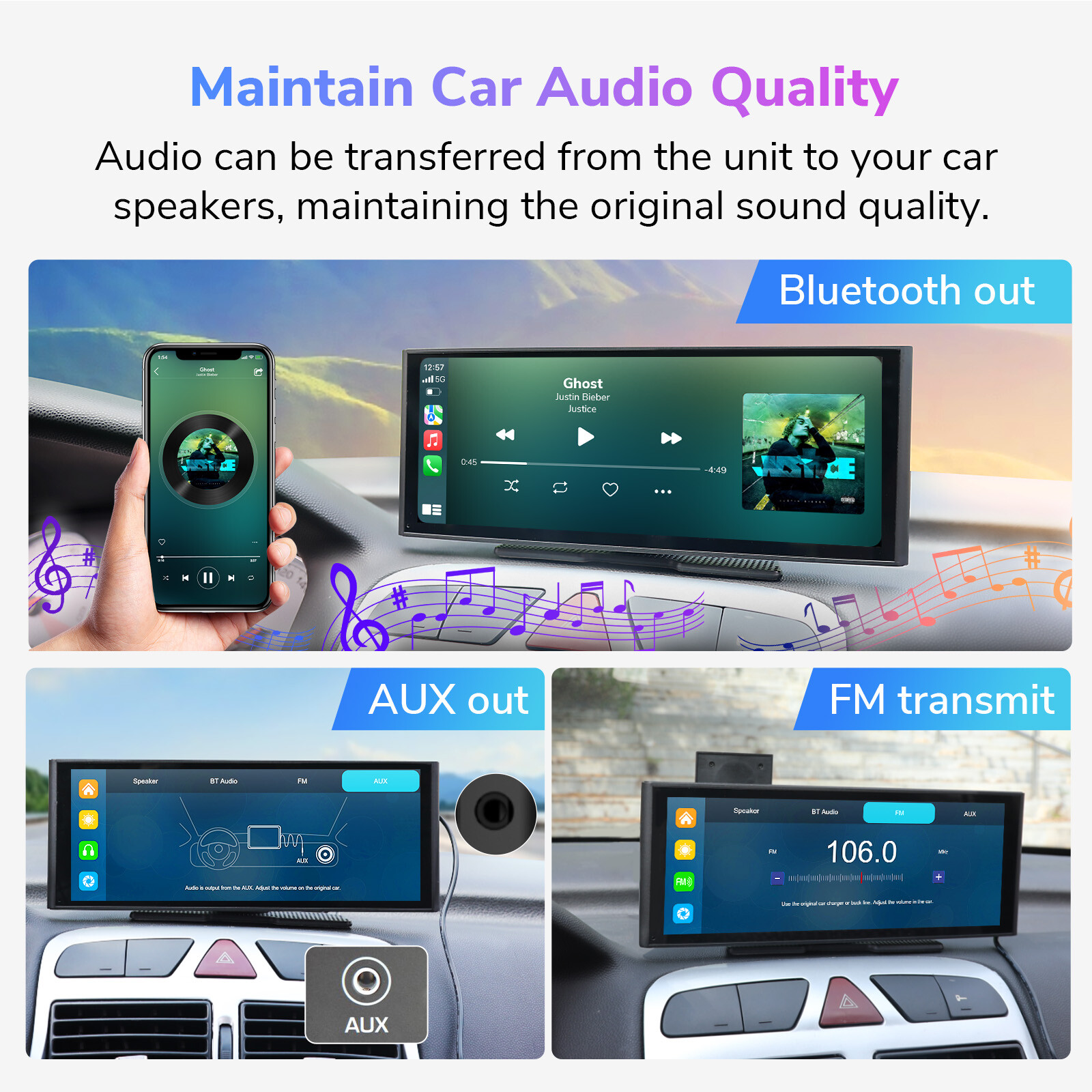 Portable 4K Dash Cam Car Stereo Radio Wireless Apple Carplay & Android Auto +Cam