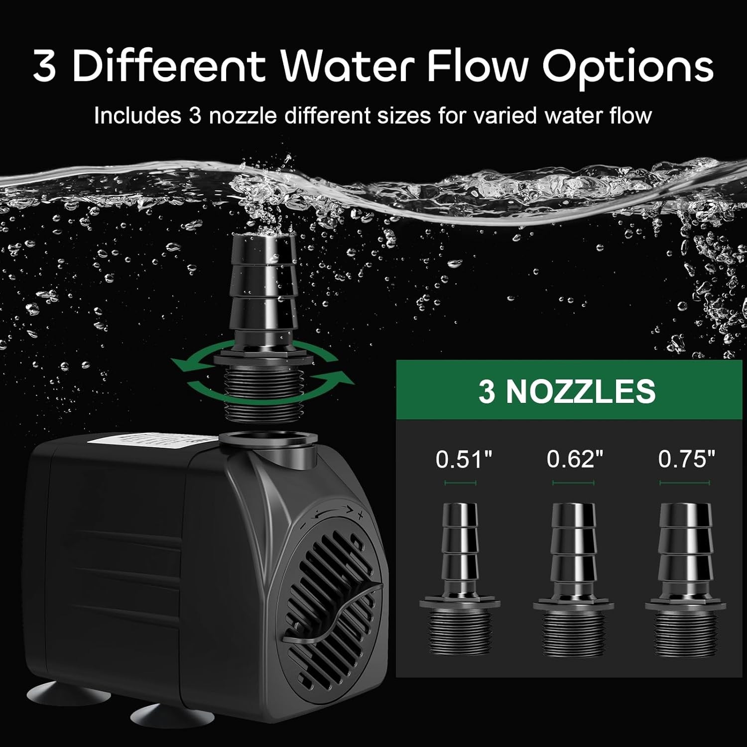 550 GPH Submersible Water Pump, 30W Ultra Quiet with 3 Nozzles for Aquatic Use