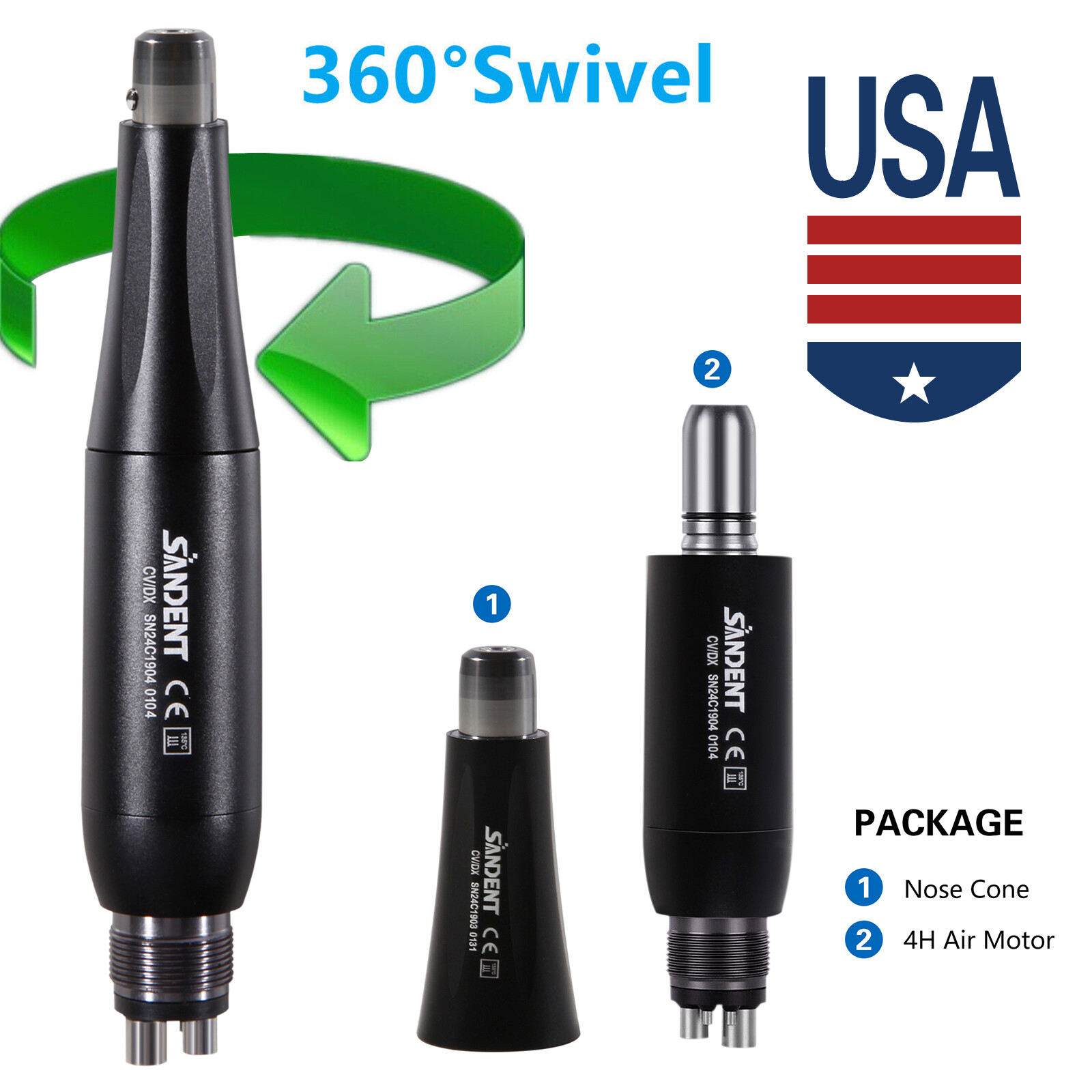 360° Swivel Dental Hygiene Prophy Handpiece Air Motor 4:1 Cone 4 Holes 4000 rpm