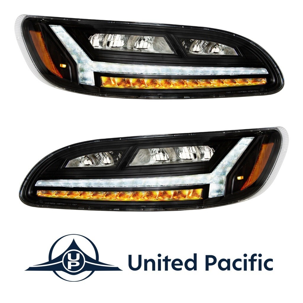Pair Blackout 6 LED Headlights w/ White Light Bar For 2006-2016 Peterbilt 386