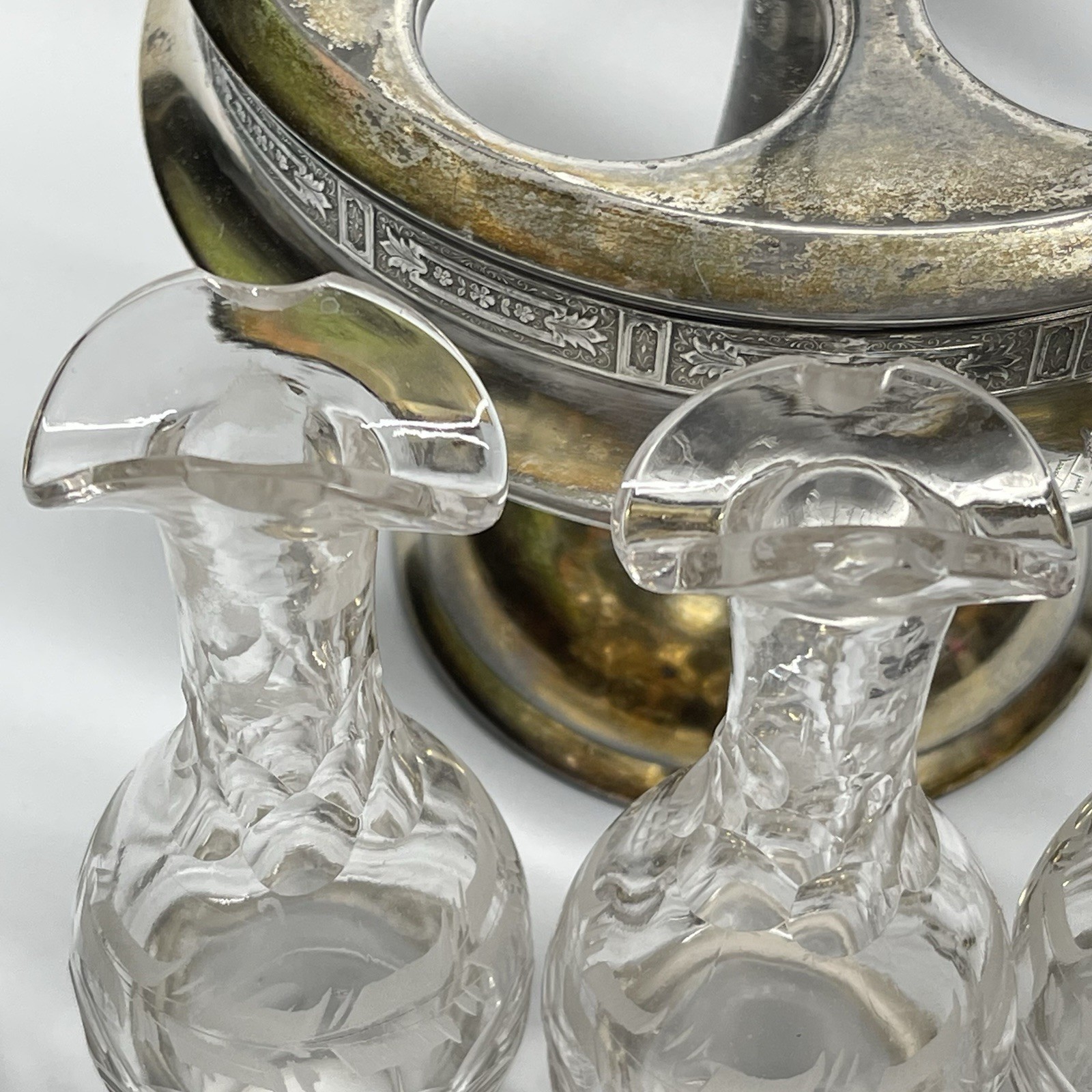 Antique 1800s Hall Elton Cruet Set Condiment Caddy Victorian Era Etched Glass