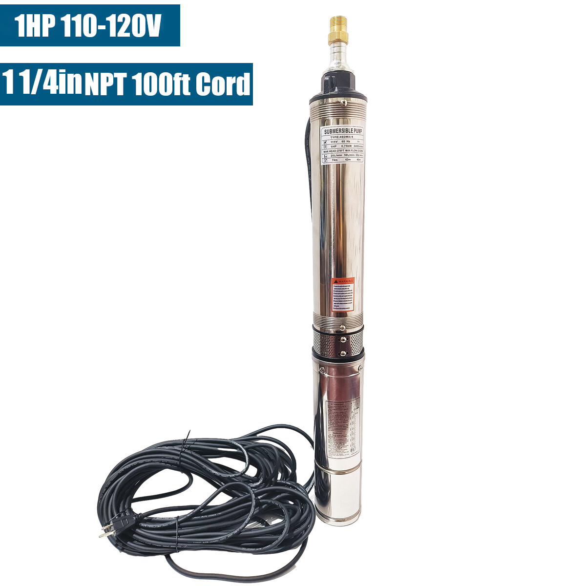 4'' Deep Well Submersible Pump 1HP 207' 37GPM 110V Stainless Steel w/Control Box