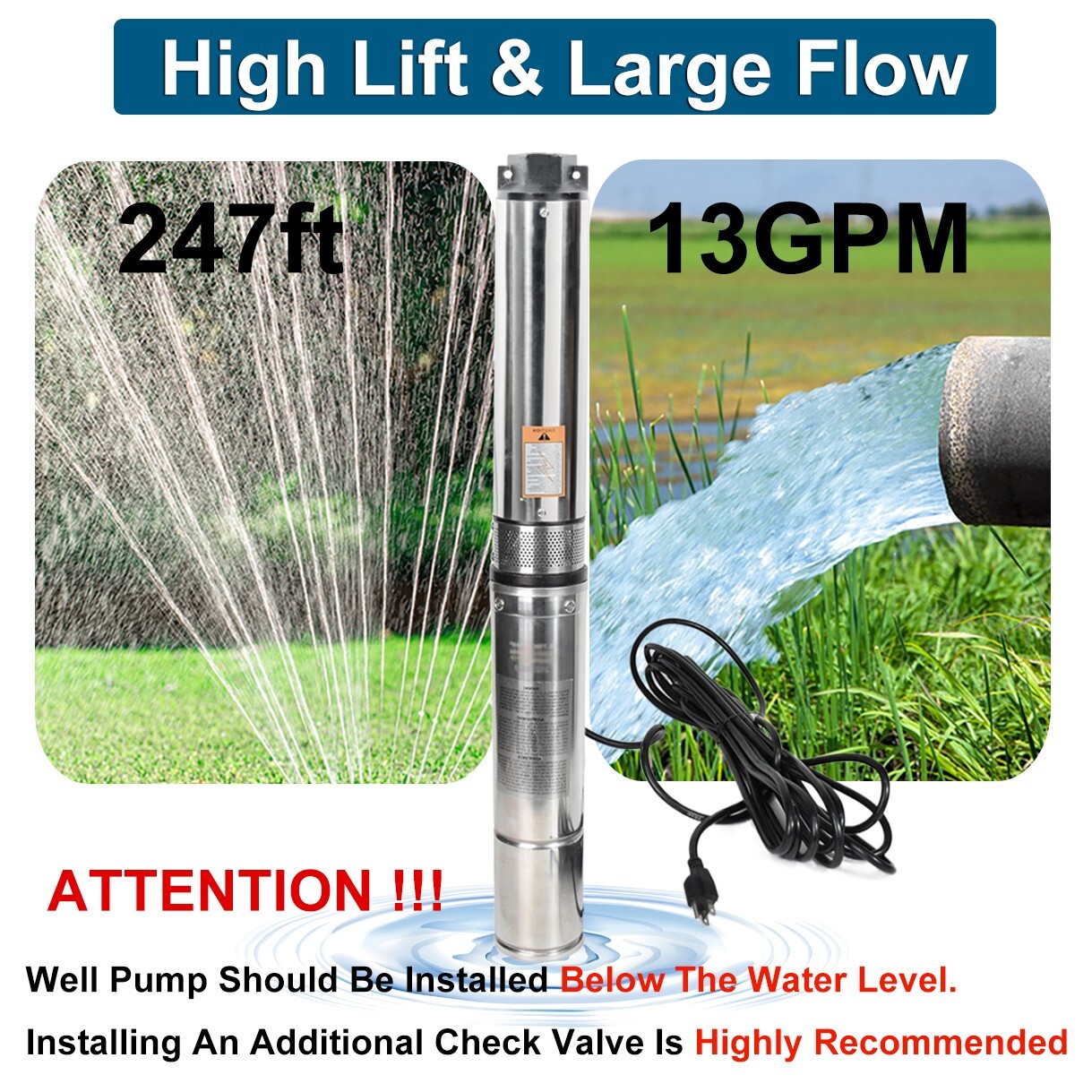 3" Deep Well Submersible Pump,3/4 HP ,220V, 13 GPM, 247 ft MAX,60Hz, 1 in NPT