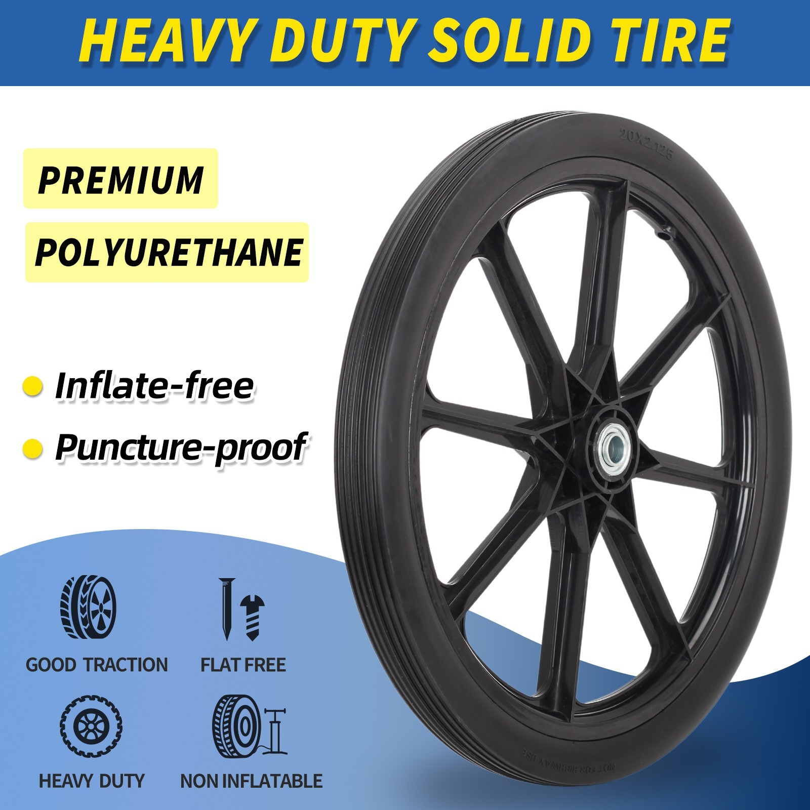 2-Pack 20" Flat Free Tire & Wheel For Rubbermaid Wheelbarrow, Garden Yard Cart