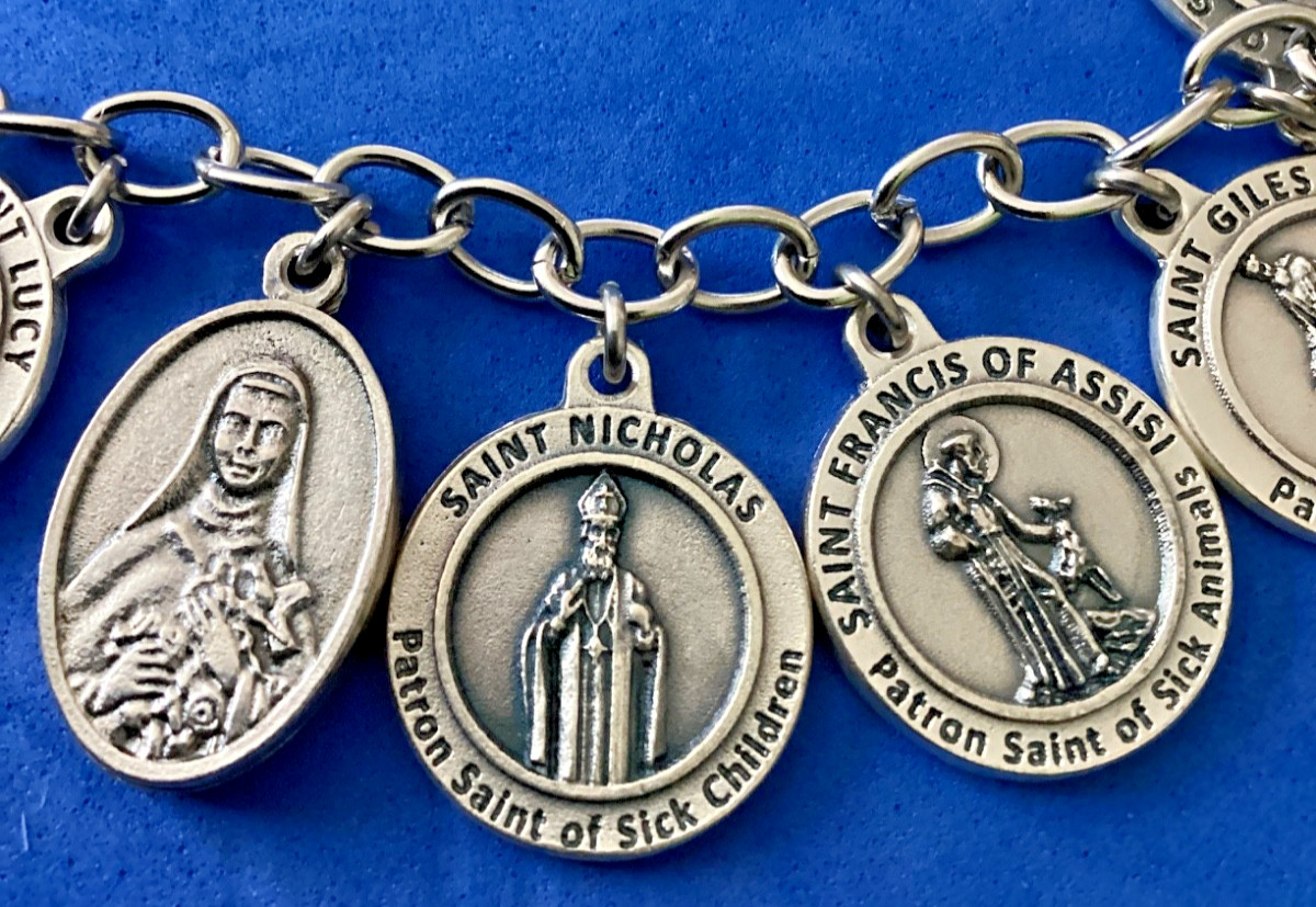 Custom Religious Catholic Saint Medal Charm Bracelet HEALING SAINTS Therese Rose