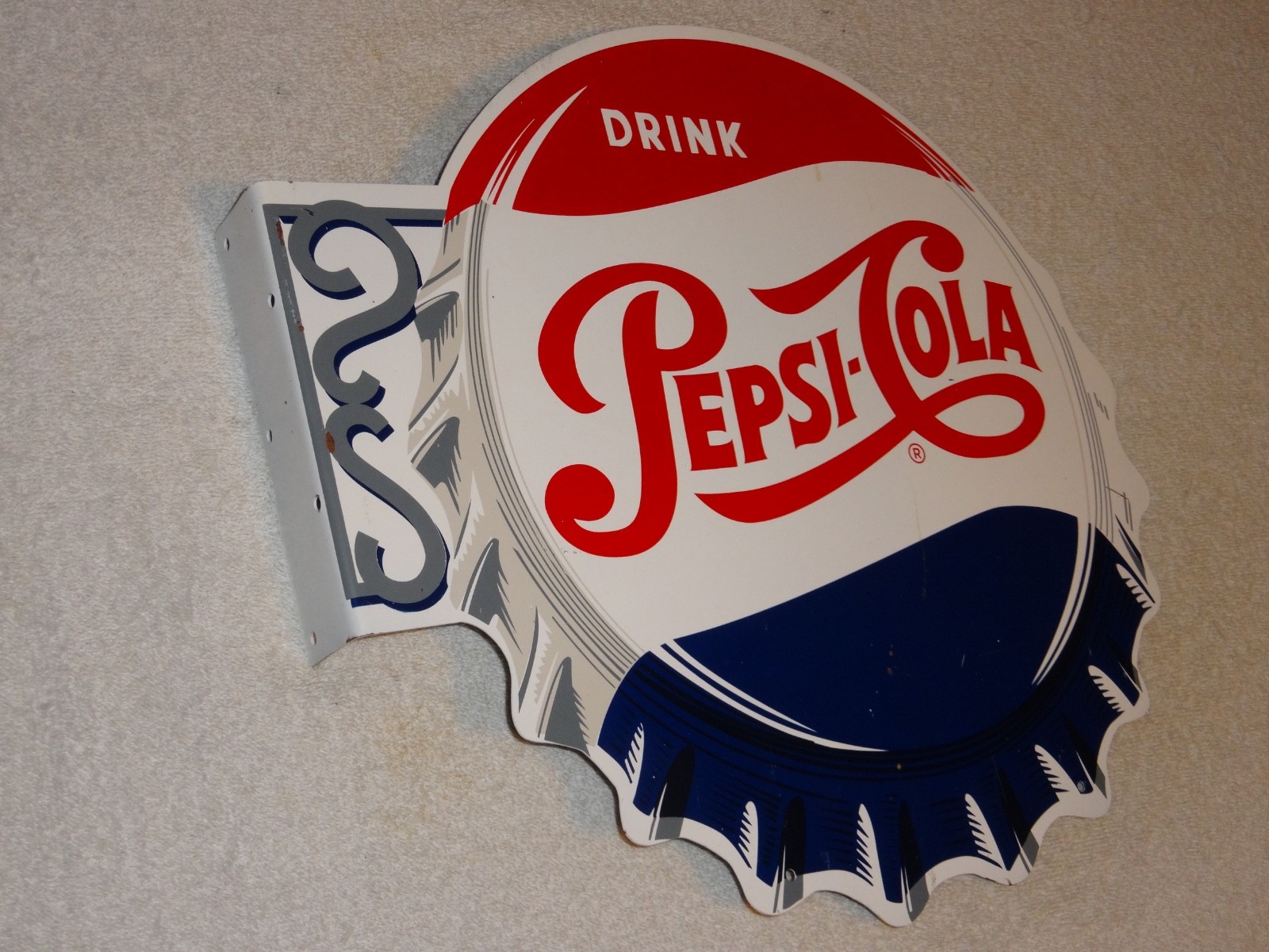VINTAGE DRINK PEPSI COLA DIECUT 14" METAL SODA POP GASOLINE OIL FLANGE SIGN M173