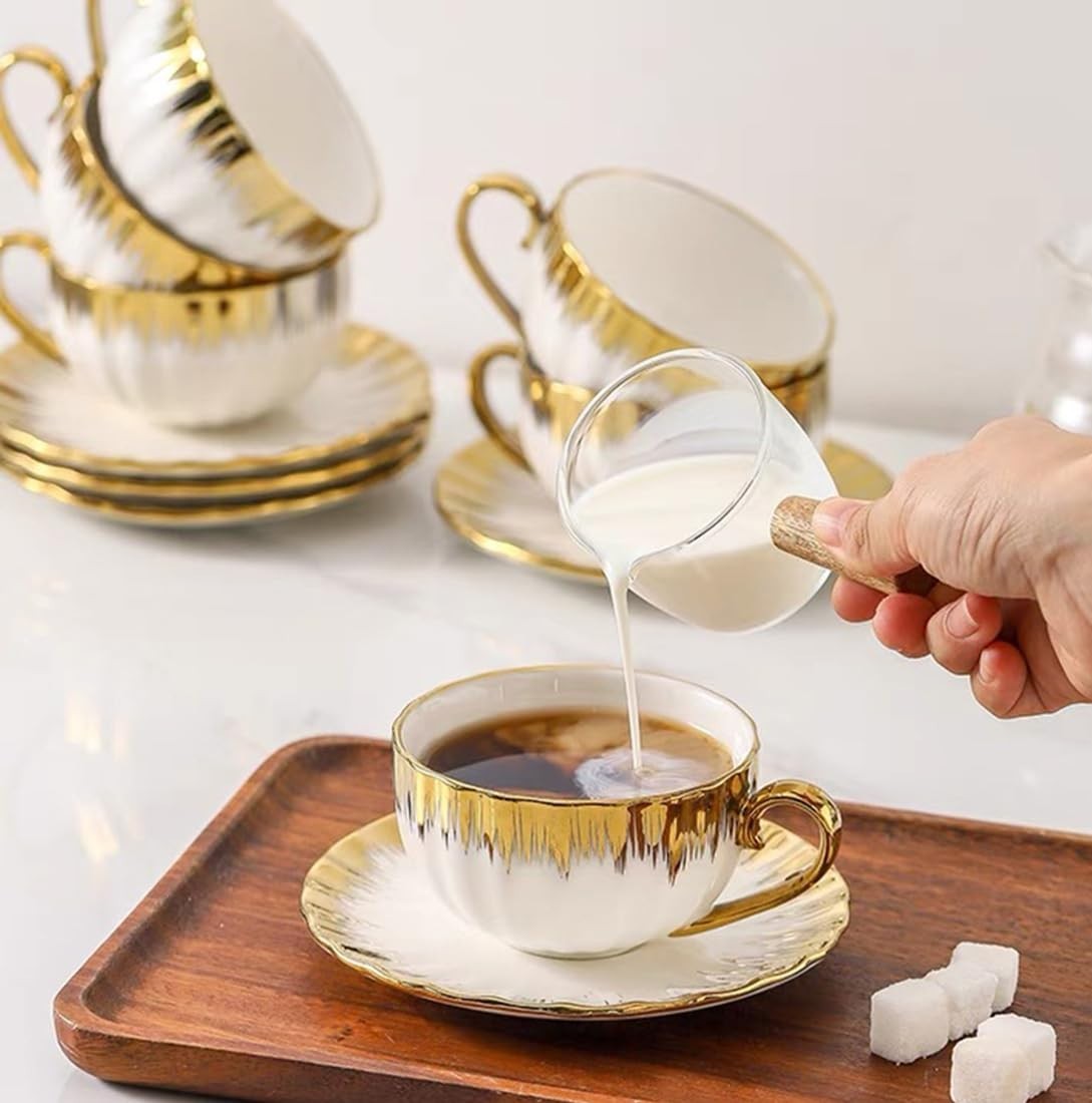 6pcs Luxury Ornate Gold Rim Ceramic Coffee Cup & Saucer Set with Spoons Gift Set