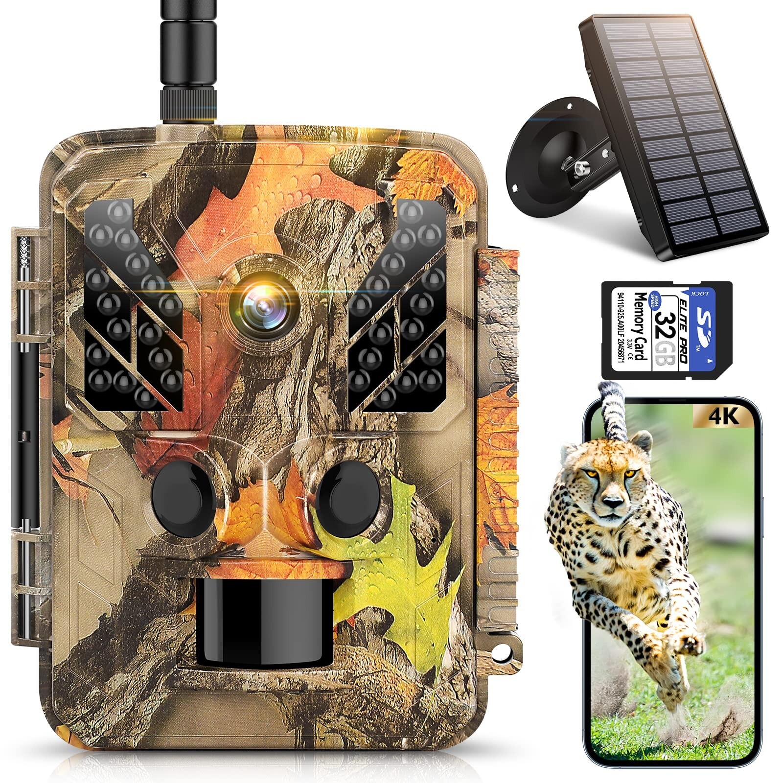 Solar Trail Camera WiFi 4K 36MP Wildlife Hunting Game Cam Nightvision Waterproof