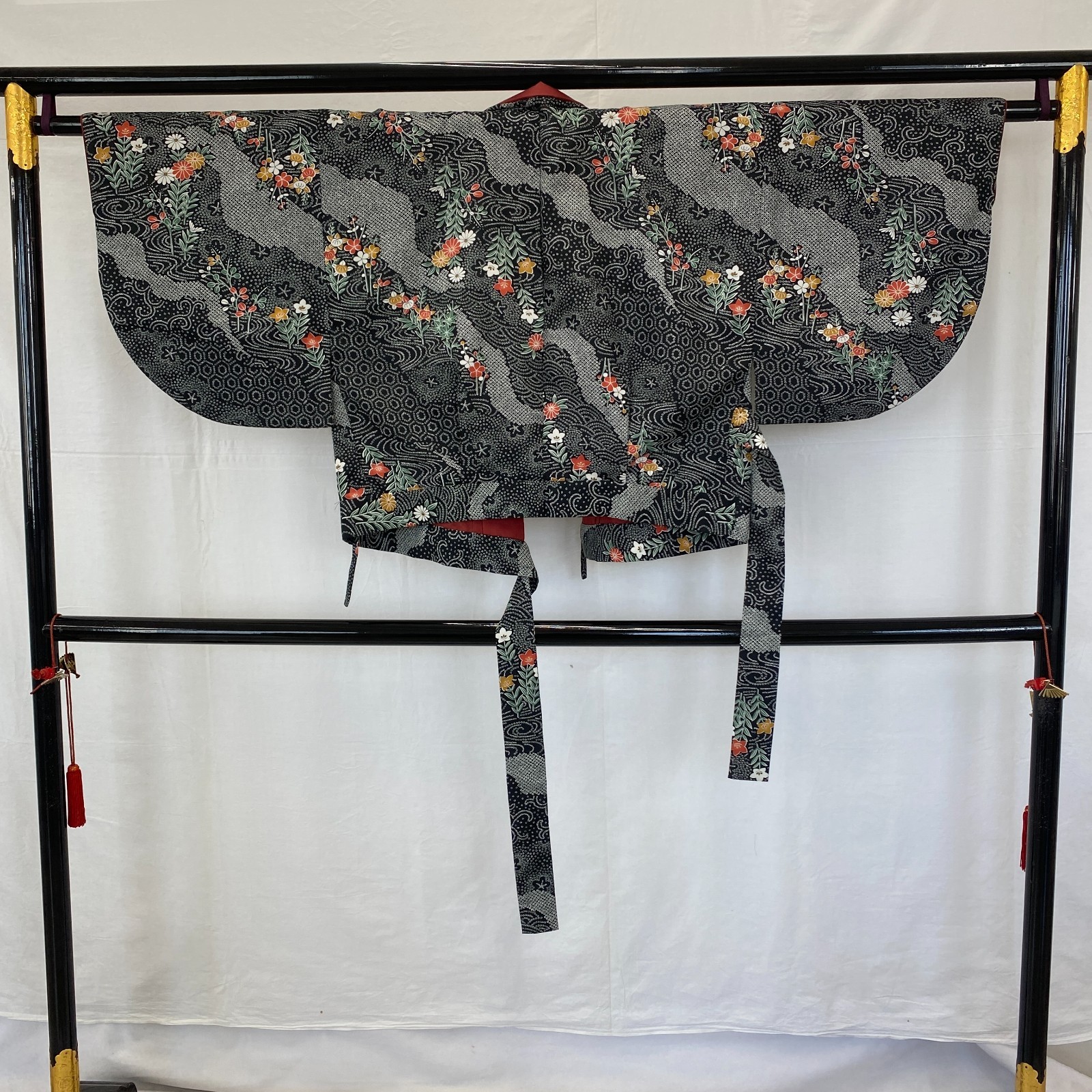 Japanese Vintage Kimono Haori Jacket Polyester Black Traditional Authentic